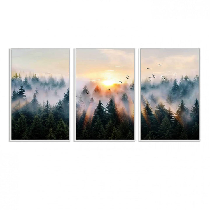 Sunrise over a misty forest with rays filtering through trees in the Abstract Forest Wall Art featuring soaring birds.