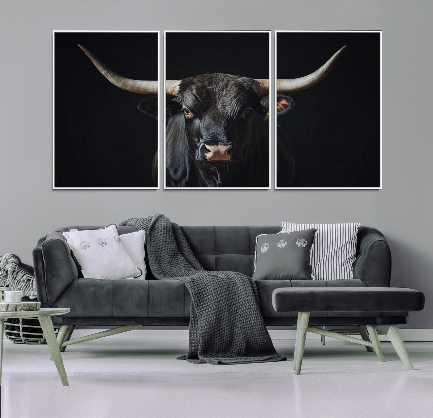 Canvas of a black longhorn bull against a dark background, featuring moody tones and western character for rustic or cowboy-inspired spaces.