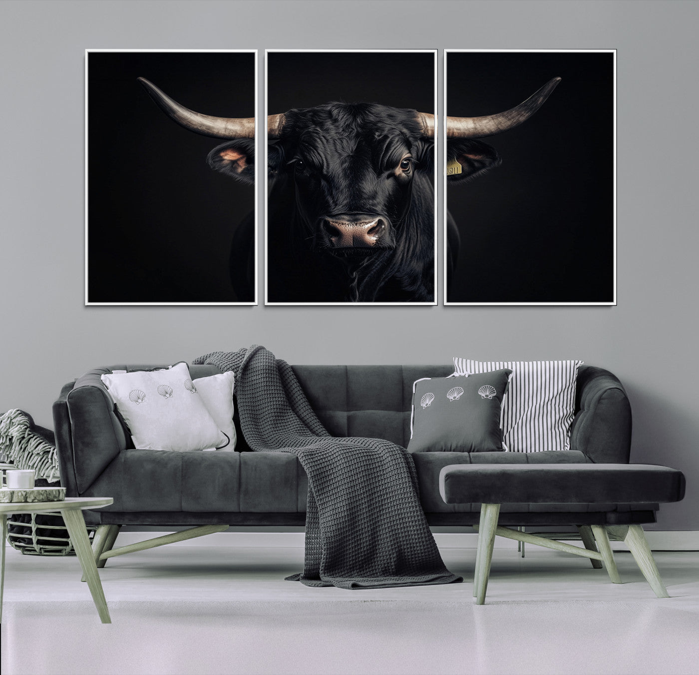 Canvas featuring a black horned bull in moody lighting on a dark background, perfect for western or rustic farmhouse-style home decor.