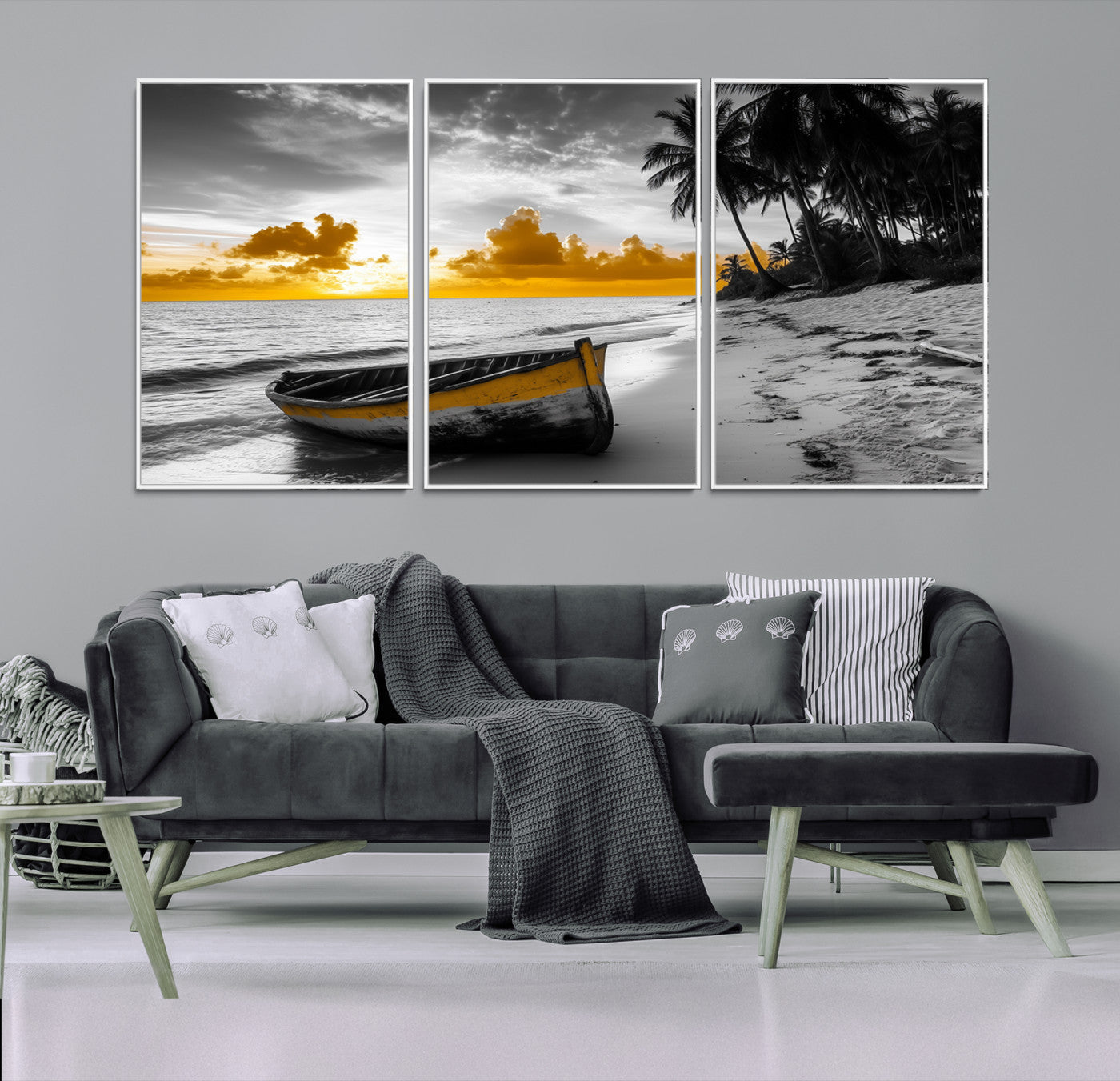 Canvas of a yellow rowboat on a black and white tropical beach with golden sunset sky, ideal for coastal or tropical-themed home decor.