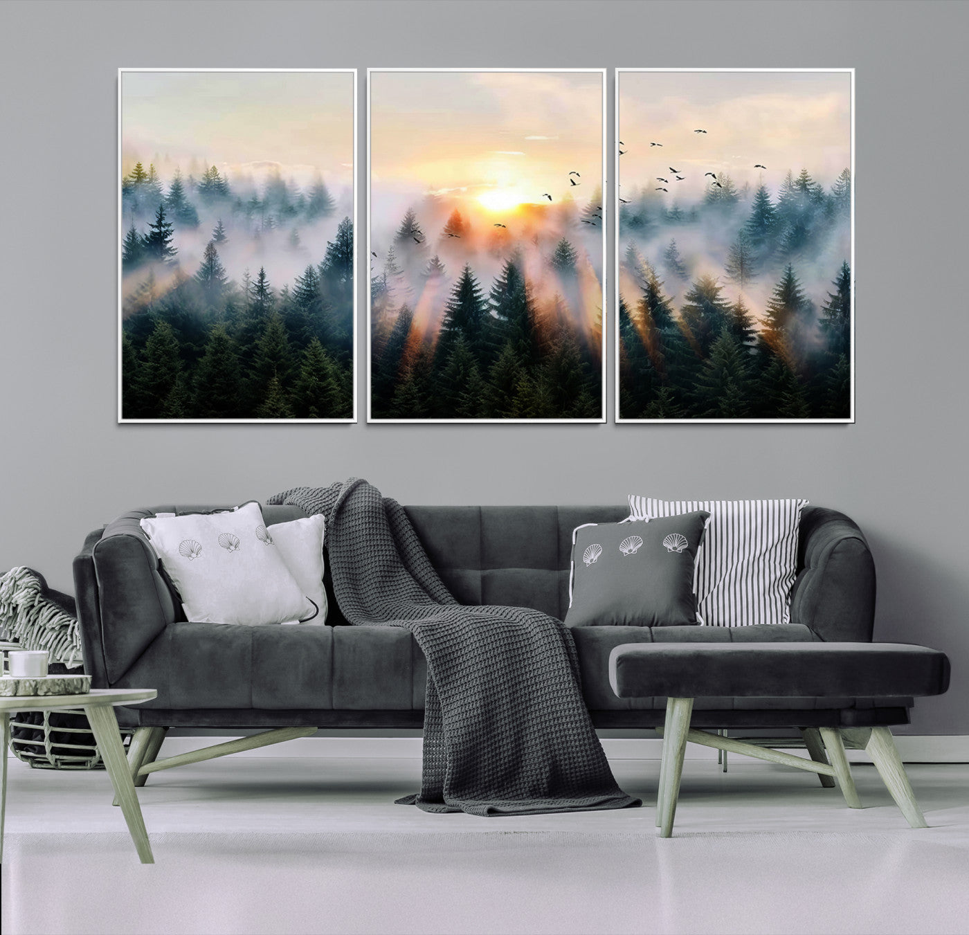 Canvas of a misty pine forest at sunrise with birds flying through golden morning rays, perfect for serene and moody woodland-style home decor.