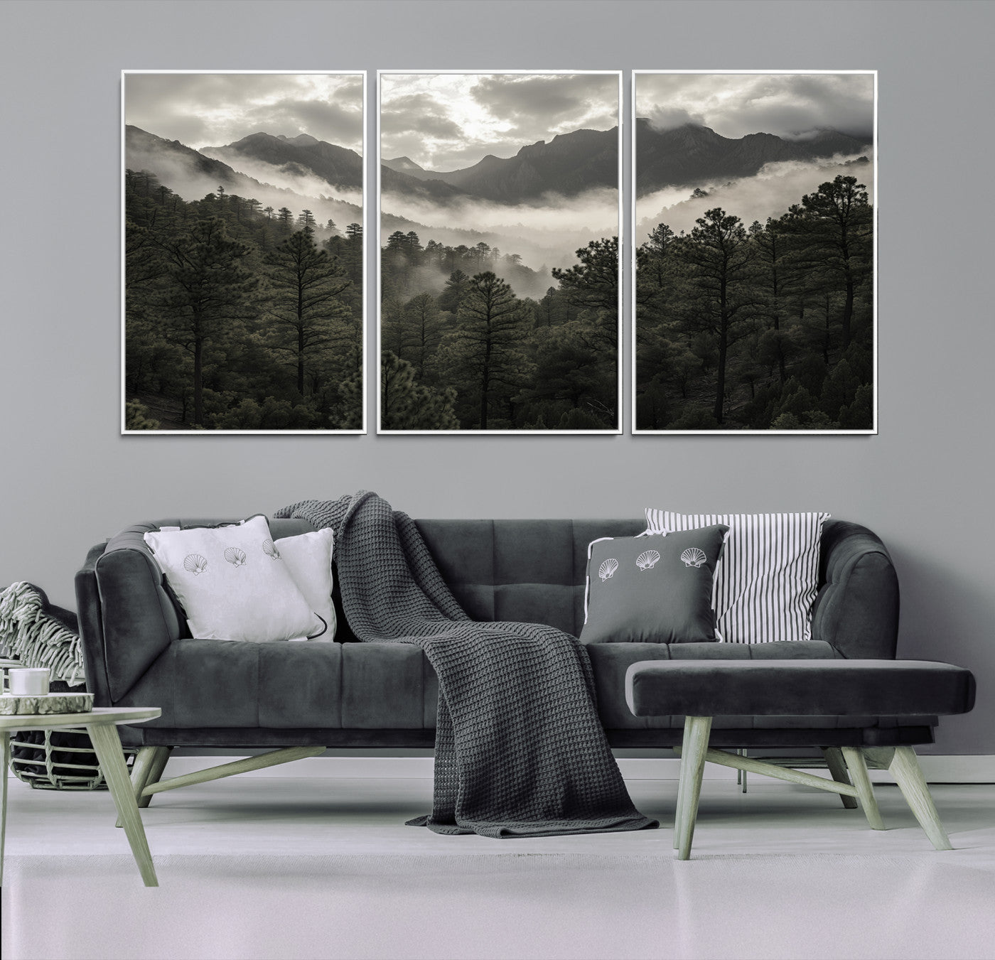 Canvas of moody pine forest and foggy mountain peaks under overcast skies, ideal for calm and rustic woodland-themed home decor.