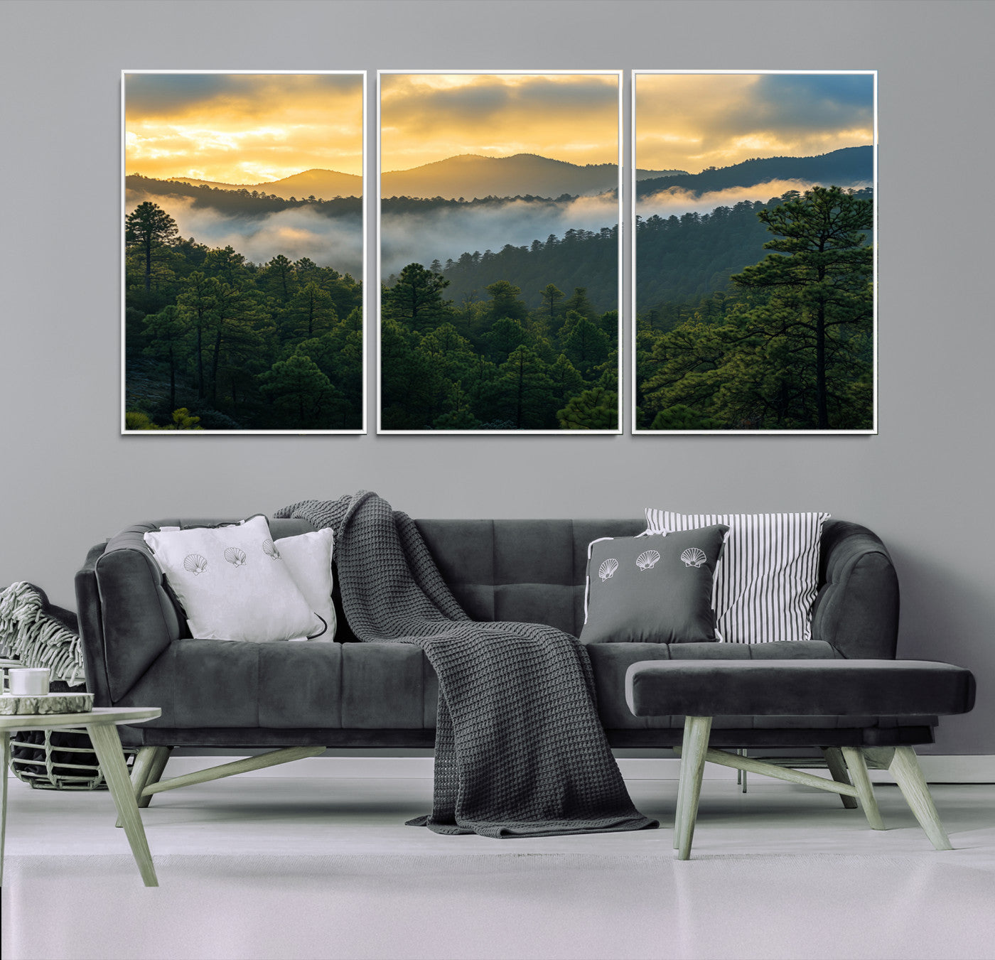Canvas of misty pine-covered mountains at sunrise, featuring golden light and fog layers, ideal for tranquil earthy home decor.