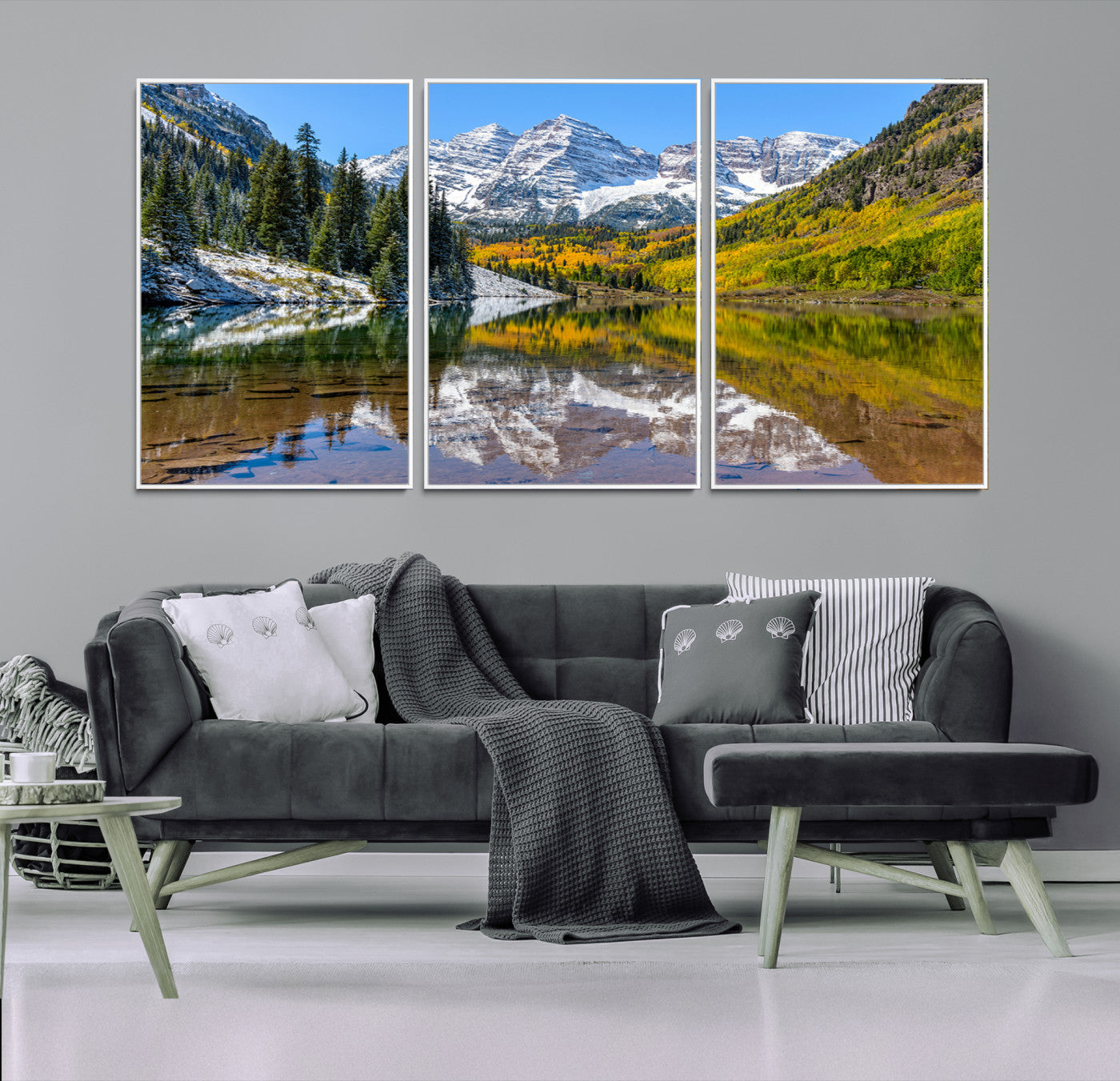 Canvas of Maroon Bells reflected in a clear alpine lake, with golden aspens and snowy peaks, ideal for crisp autumn or mountain-themed decor.