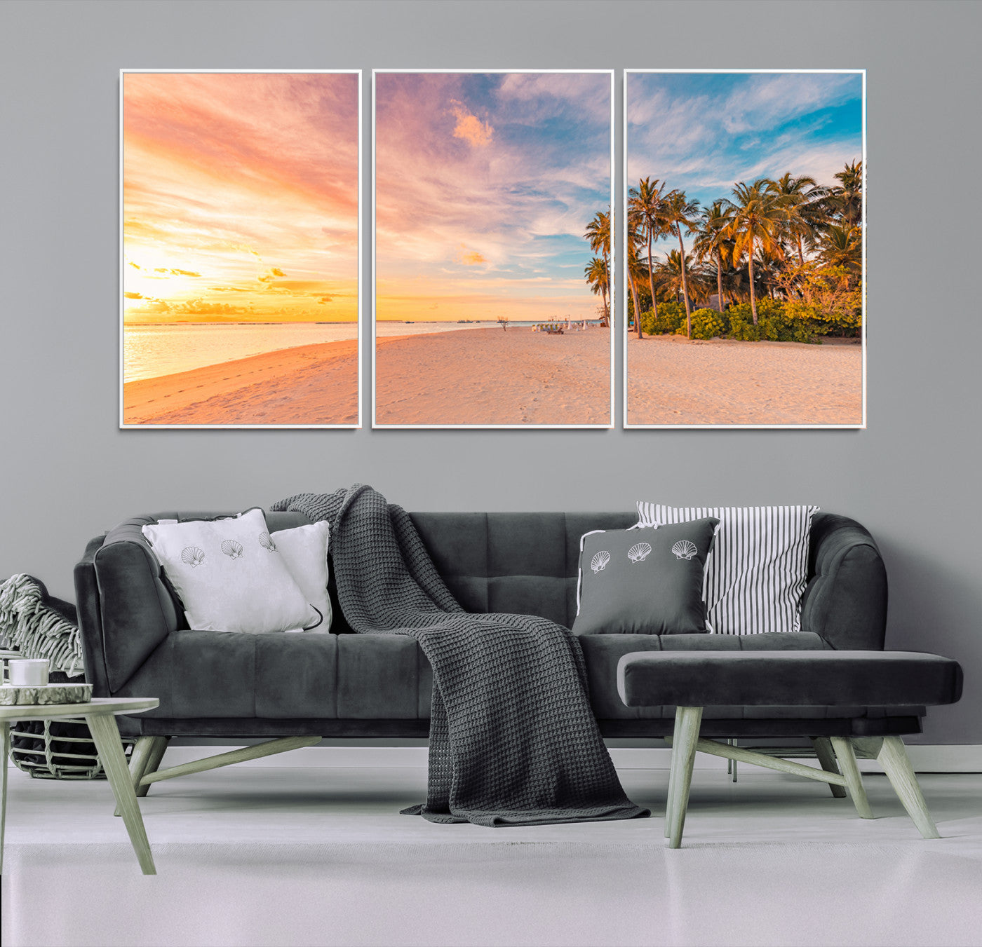 Tropical beach canvas with palm trees and soft sunset tones, ideal for coastal or beach-style home décor in warm pastel hues.