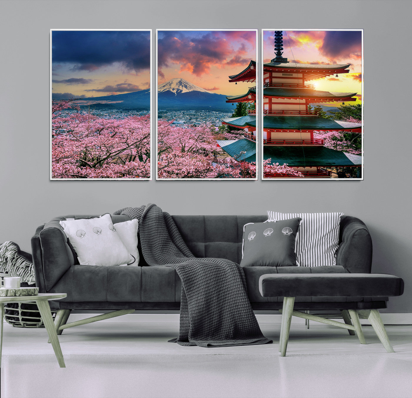 MGV-FC-60X30-3P - Mount Fuji & Cherry Blossom Wall Art Canvas Print – Iconic Japanese Landscape, Sakura Pagoda Sunset,