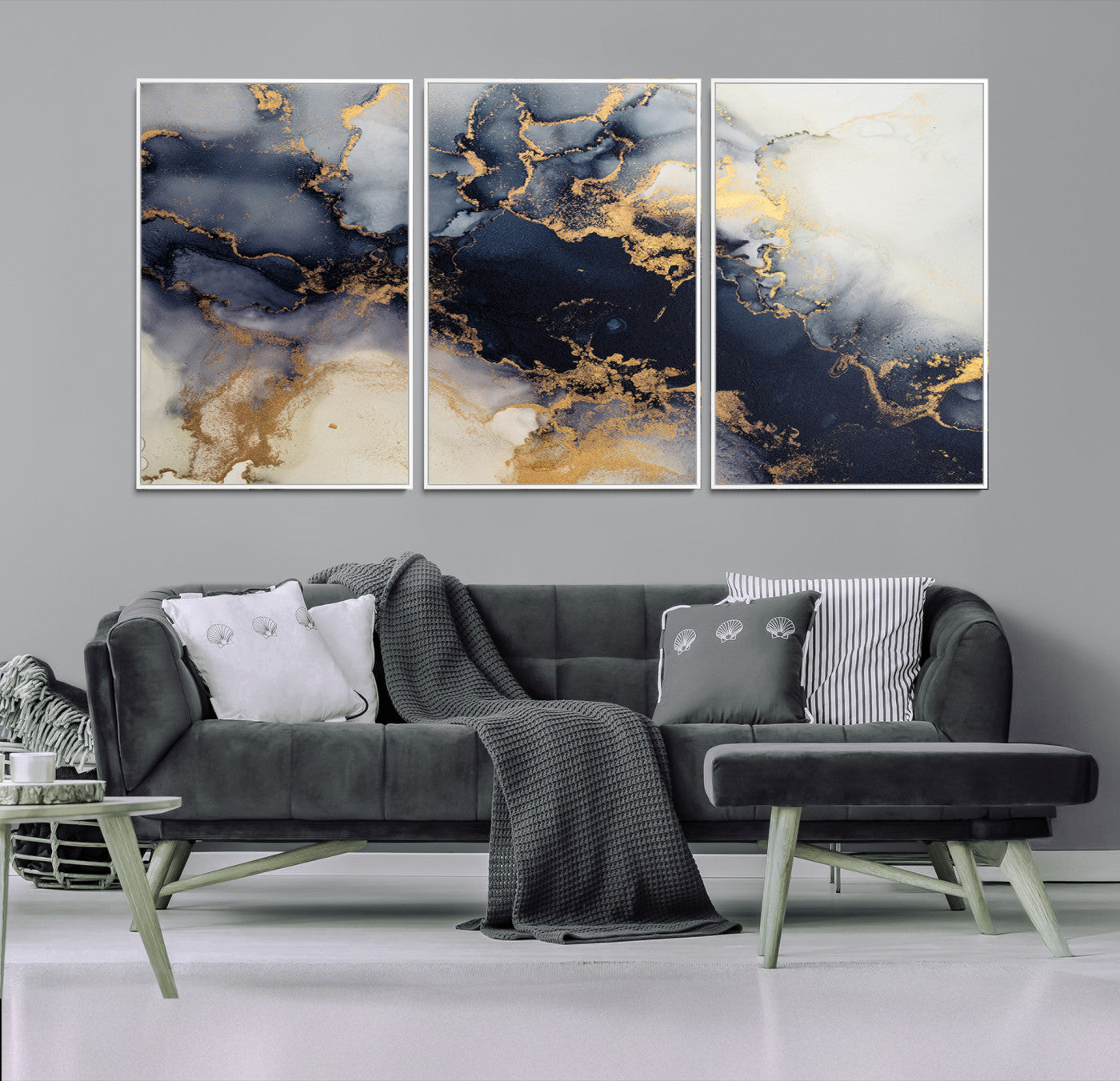Luxurious abstract canvas in black and gold with moody fluid textures and smoky patterns, perfect for dramatic modern interiors.