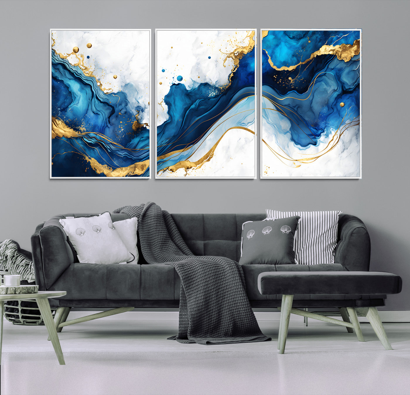 Elegant abstract canvas in cobalt blue and gold tones, featuring marble waves and fluid motion, ideal for luxe interior styling.