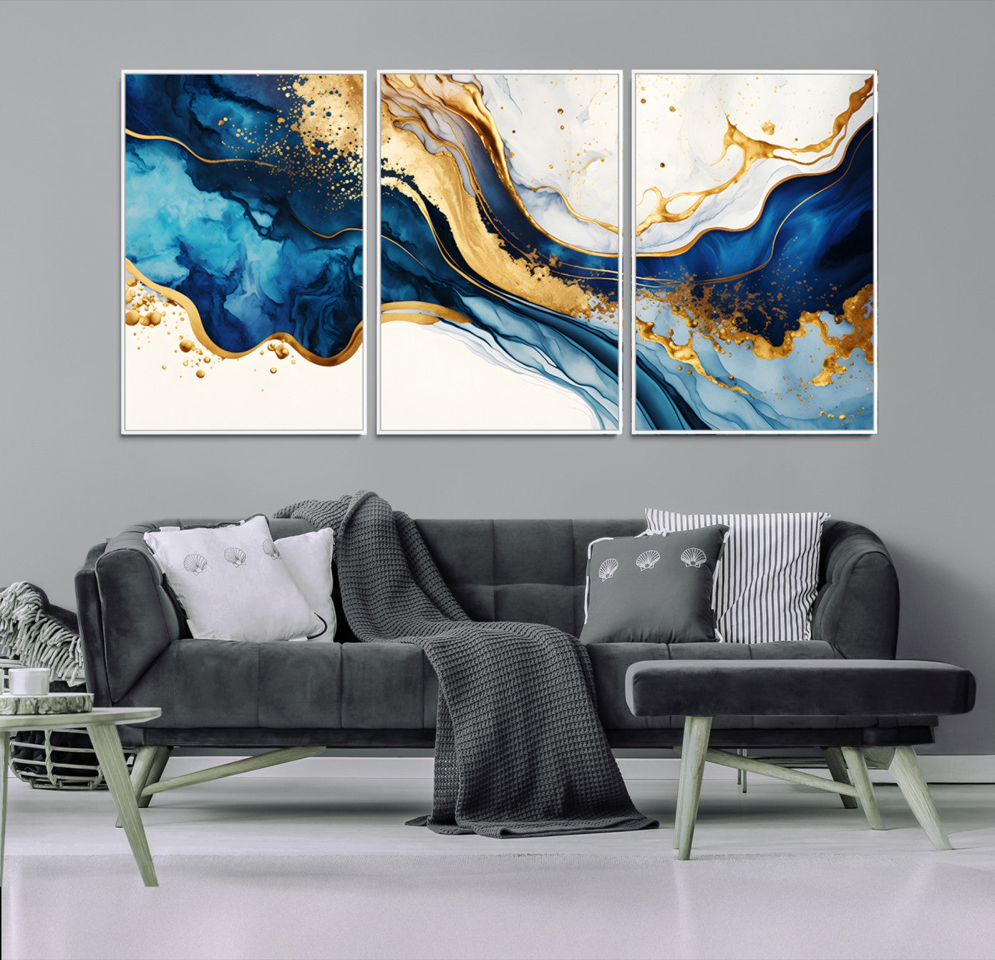 Canvas artwork with fluid blue and gold marbling, perfect for modern luxe or elegant abstract home decor styles.