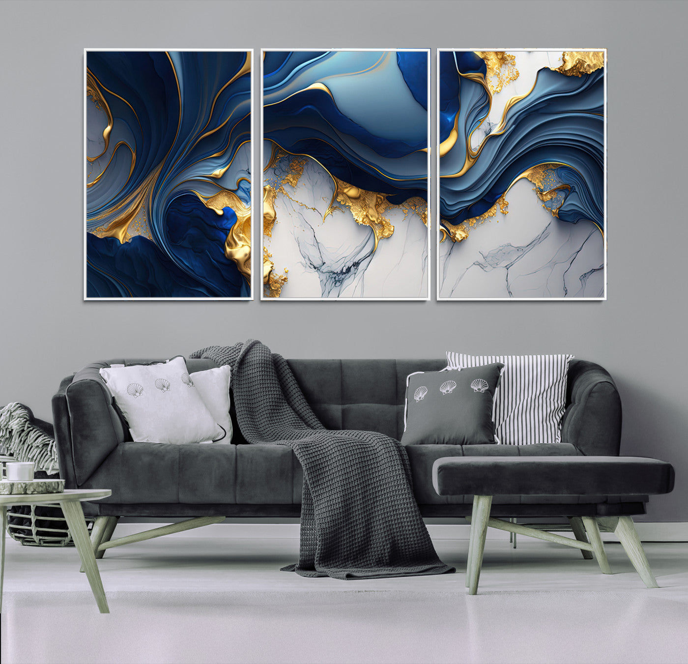Canvas art with swirling blue marble and gold textures, ideal for elegant glam or modern luxury interior design settings.