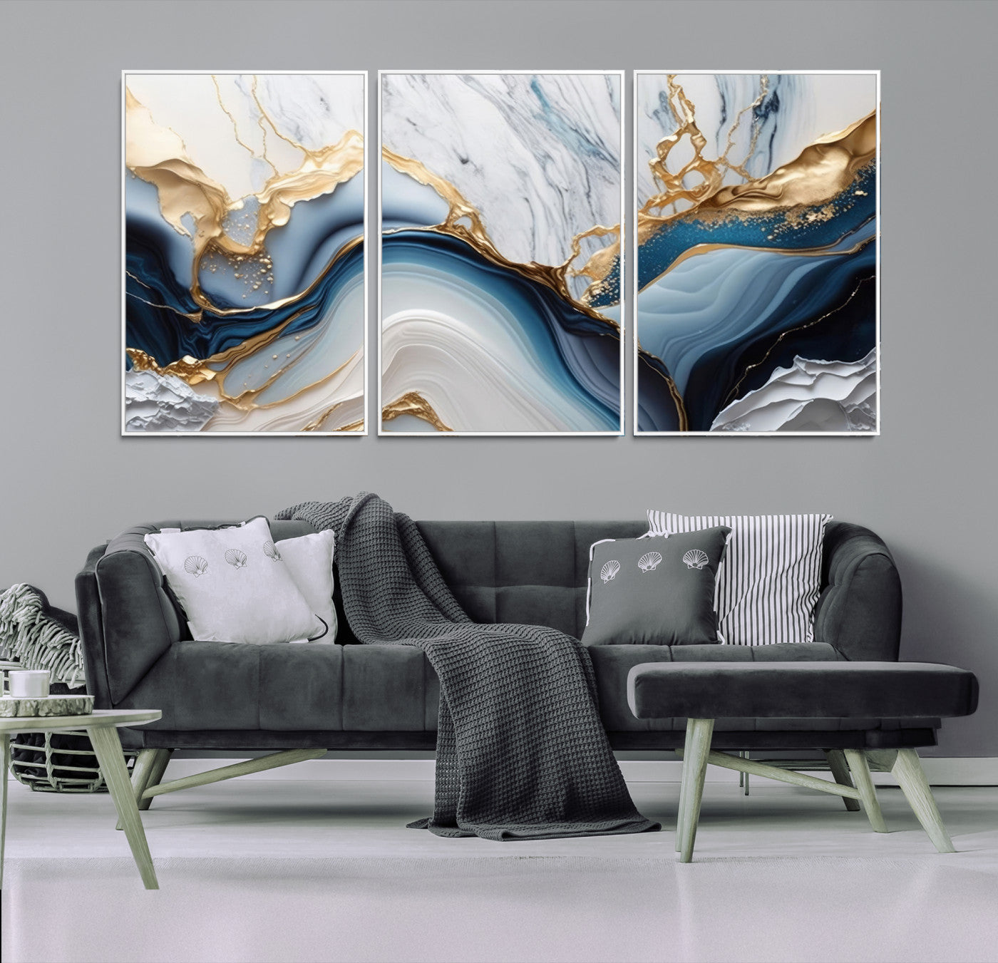14275383-MGV-FC-60X30-3P_White-Blue Marble Wall Art Canvas Print – Framed Elegant Swirls Abstract Flow Modern Artwork for Home, Office