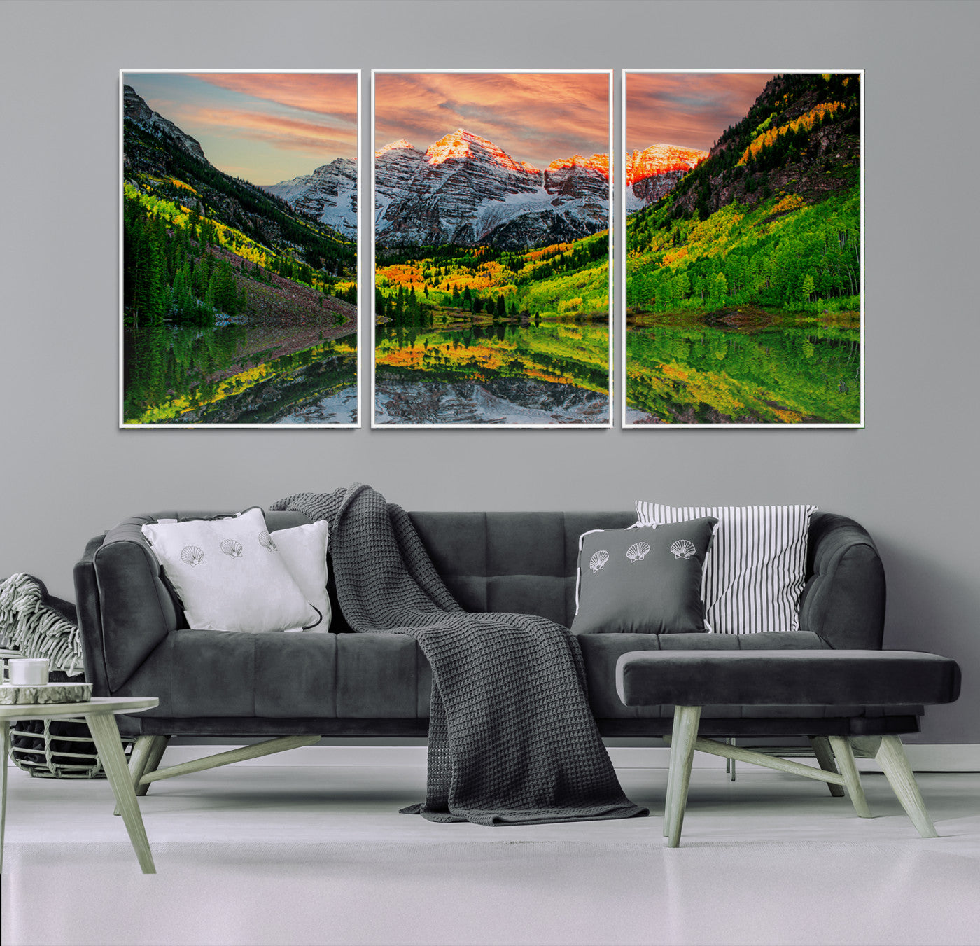 59533484-MGV-FC-60X30-3P_White-Wall Art Canvas Print – Sunset Glow Mountain Peaks Vibrant Green Forest Reflective Lake Calm Waters for Home, Office