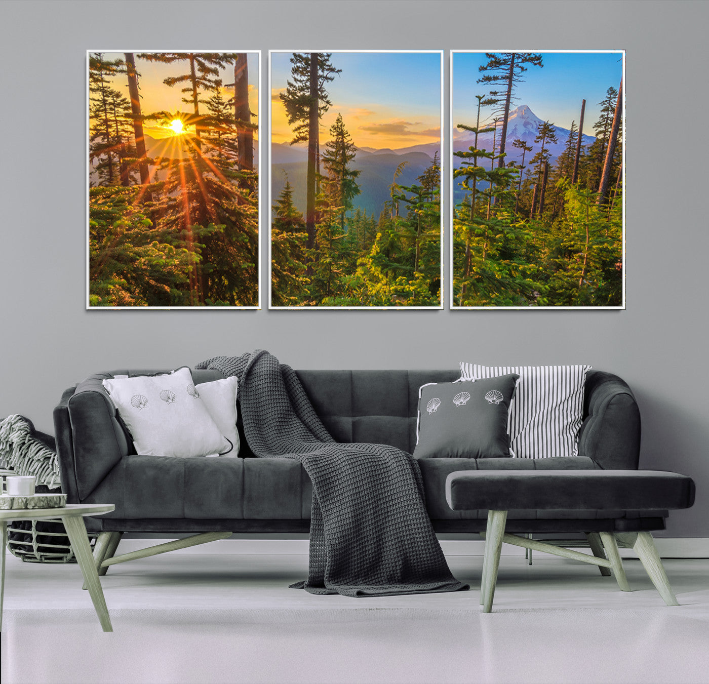 83544043-MGV-FC-60X30-3P_White-Forest Sunset Wall Art Canvas Print, Glowing Evening Light Through Green Pines and Trees Artwork for Home, Office