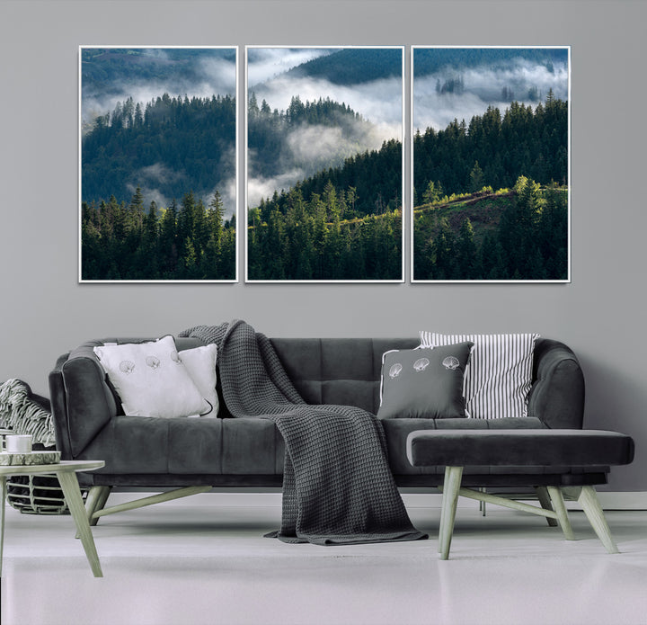 Moody canvas of misty pine forests over layered hills, perfect for cool-toned nature-inspired or woodland-style home decor.
