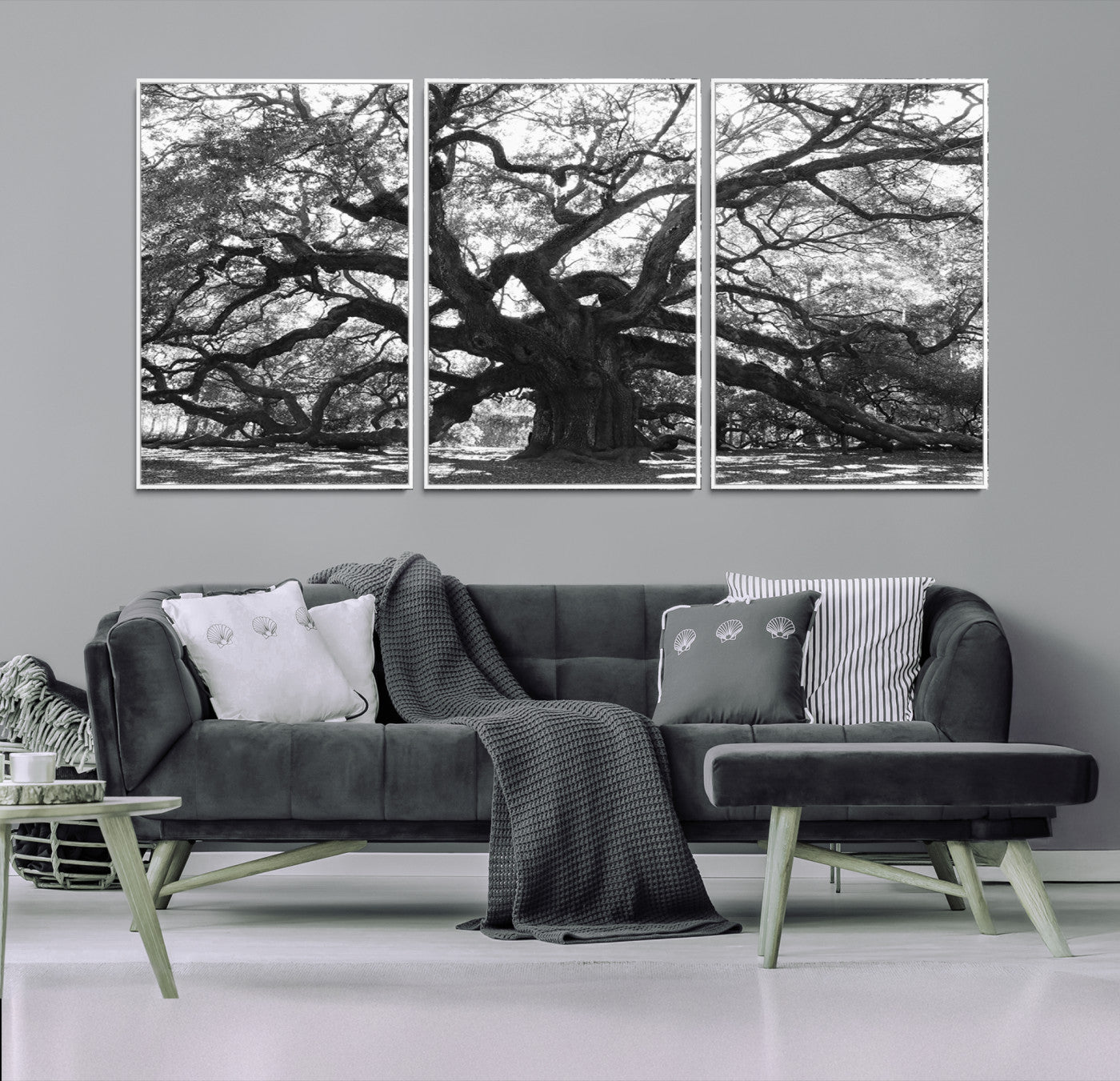 Black and white canvas of an ancient oak tree with sprawling, twisted branches, ideal for moody nature-inspired or rustic decor.