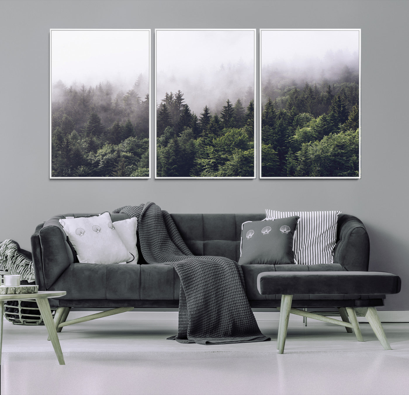 Canvas of dense misty forest in dark green tones, ideal for moody forest or atmospheric woodland-themed home decor.