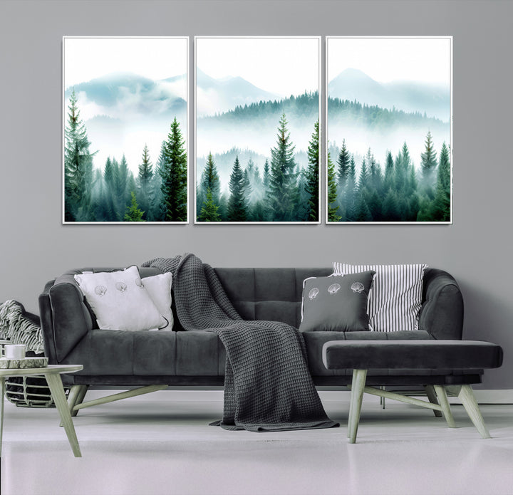 16716676-MGV-FC-60X30-3P-Pine Forest Wall Art Canvas Print, Framed Misty Mountains Art Picture Print, Foggy Trees Perfect Moody Forest Decor Artwork