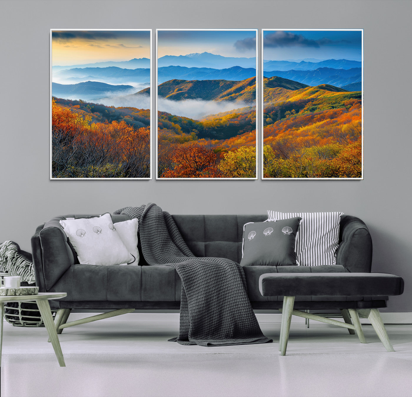 Vibrant canvas of autumn mountains with colorful trees, layered blue ridges, and soft morning fog, ideal for bright nature-themed decor.