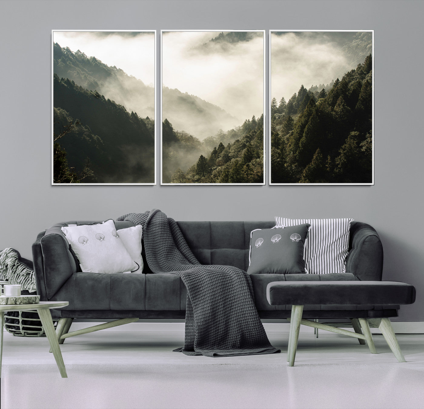 Canvas showing a misty pine forest valley with layered green hills and soft fog, perfect for moody or nature-themed decor styles.