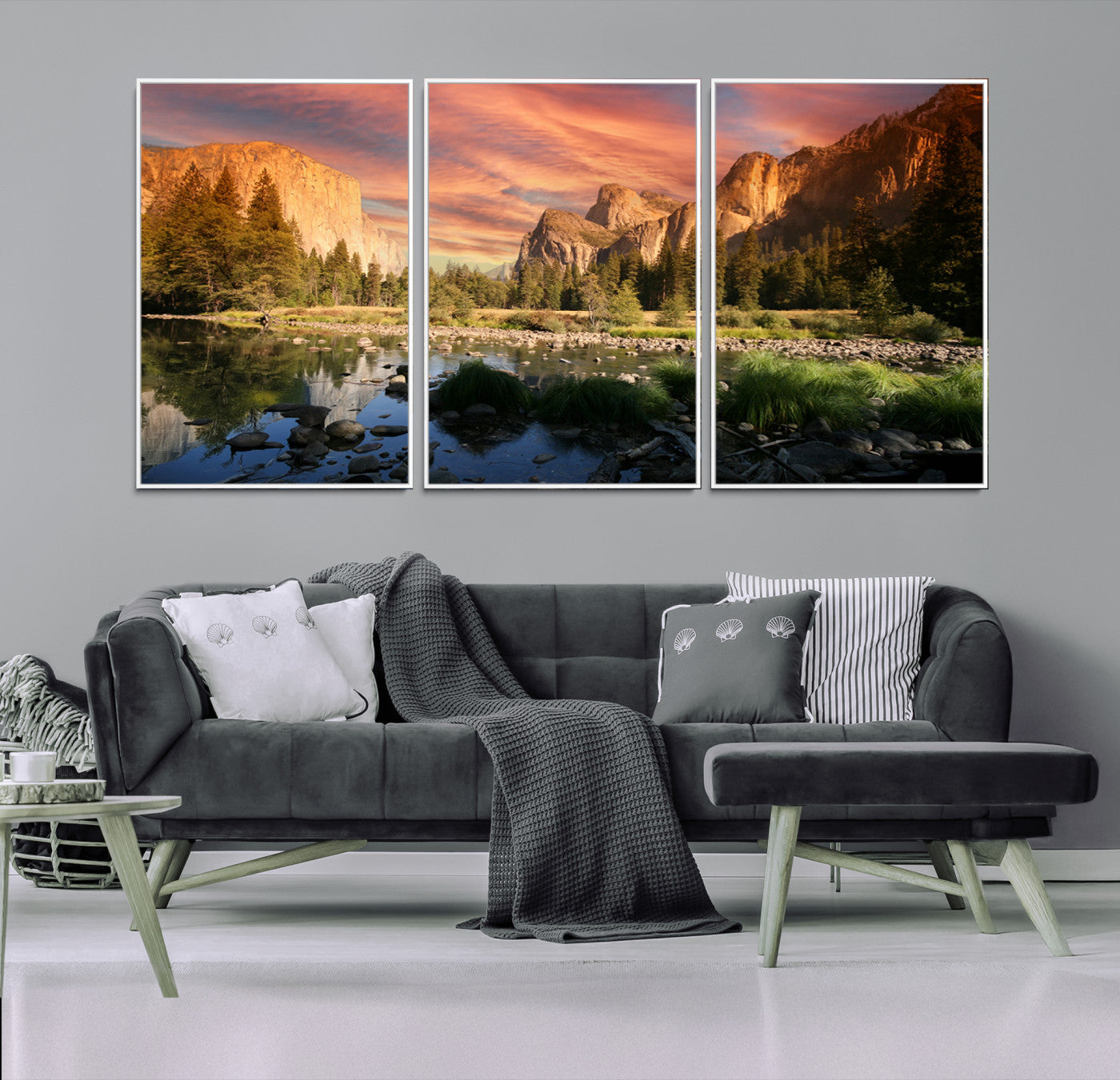 Canvas of Yosemite Valley with El Capitan and sunset sky, featuring vibrant tones ideal for rustic or nature-inspired home decor.