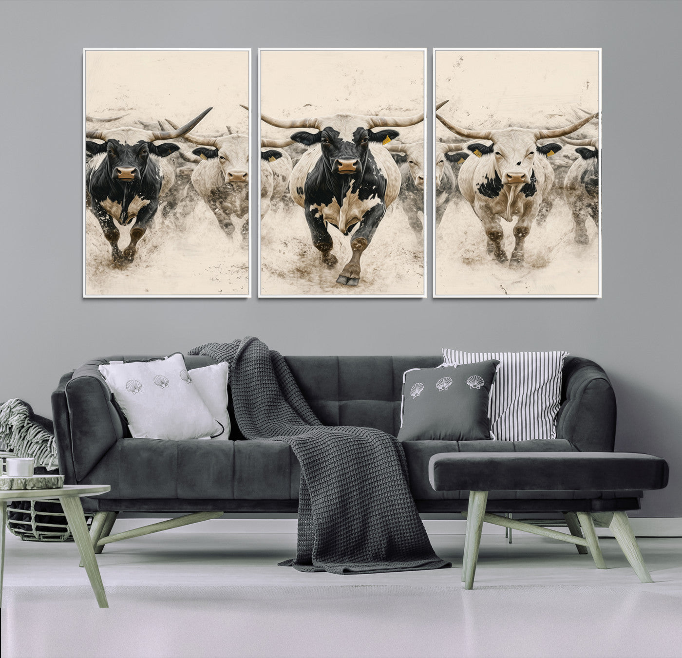 Canvas artwork of Texas Longhorn bulls walking in a dusty herd, ideal for rustic Western or country-style interior decor.
