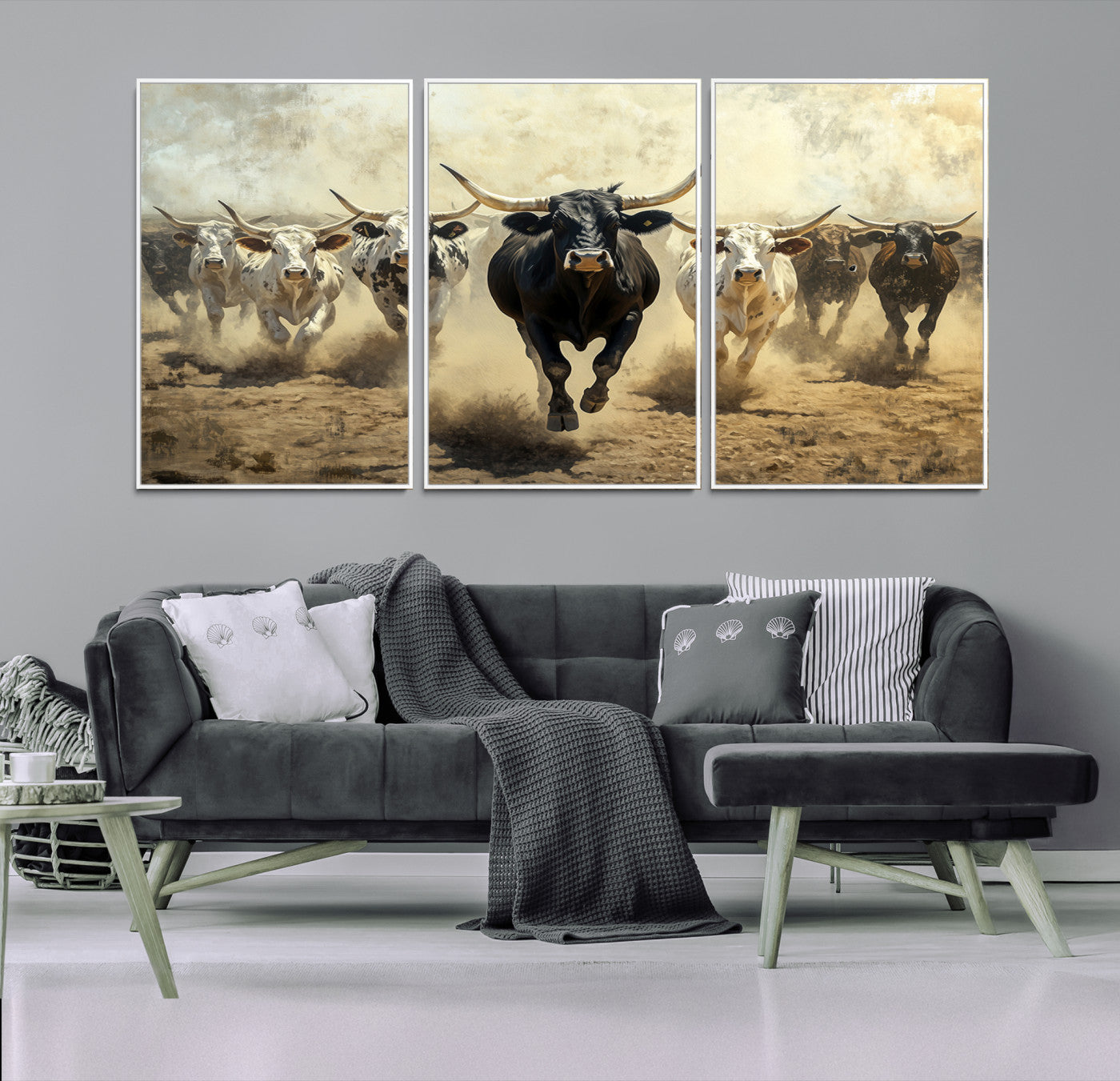 Dynamic canvas showing a Texas Longhorn stampede with earthy tones and bold movement, perfect for rustic or Western-style interiors.