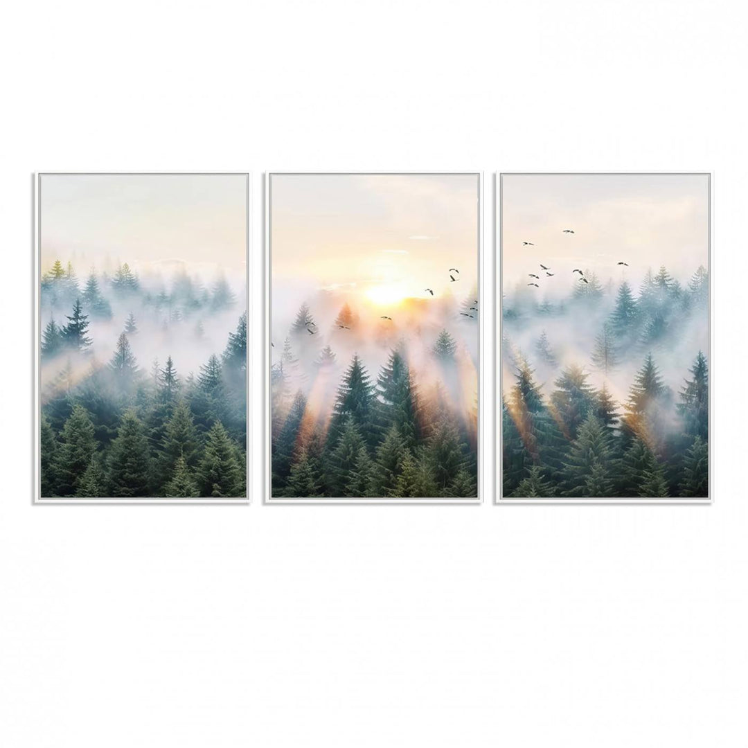 Misty Pine Forest Wall Art: A depiction of sunrise over foggy trees and birds against a bright sky; a framed woodland scene ideal for home or office decor.