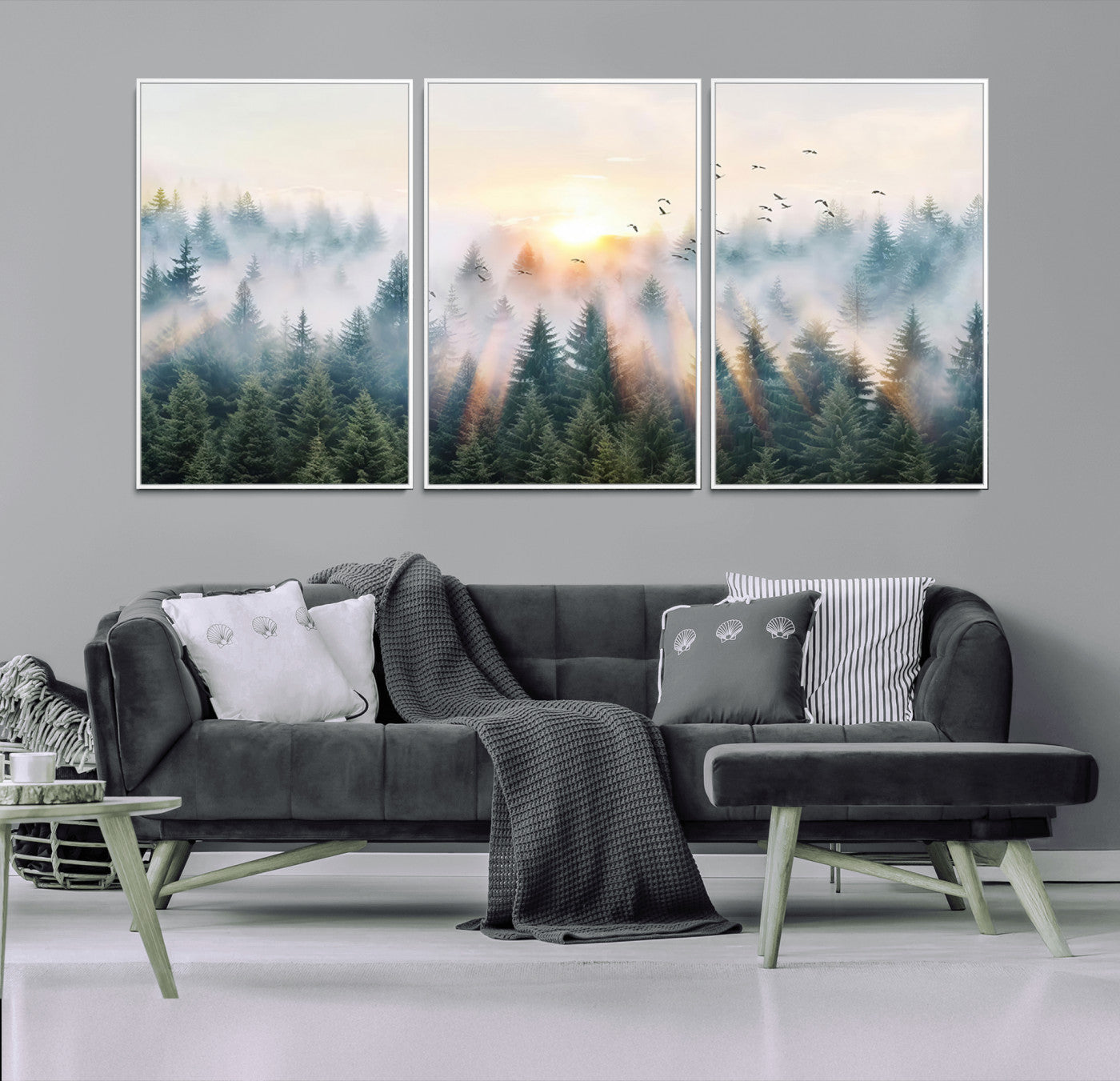 MGV-FC-60X30-3P - Misty Pine Forest Wall Art Canvas, Sunrise Over Foggy Trees Canvas for Home - Office, Framed