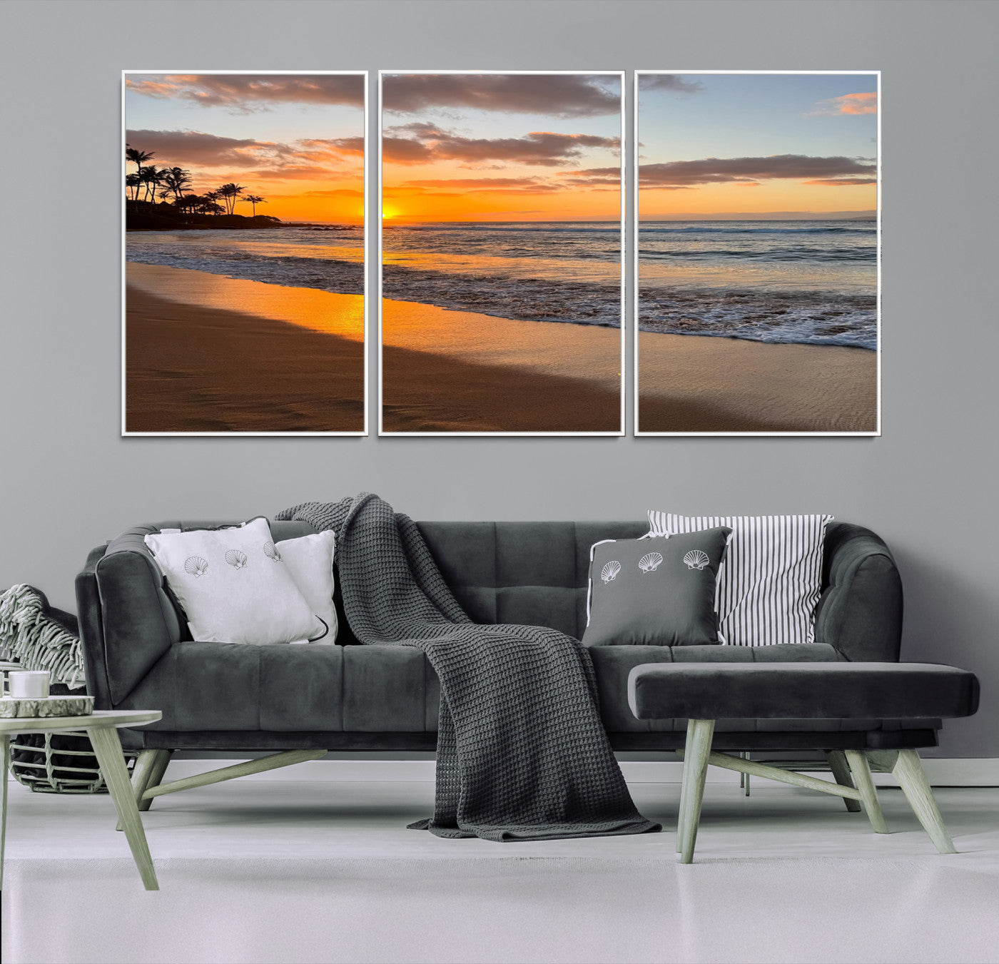 Canvas of a tropical beach at sunset with golden reflections and palm trees, perfect for vibrant coastal or island-style decor.