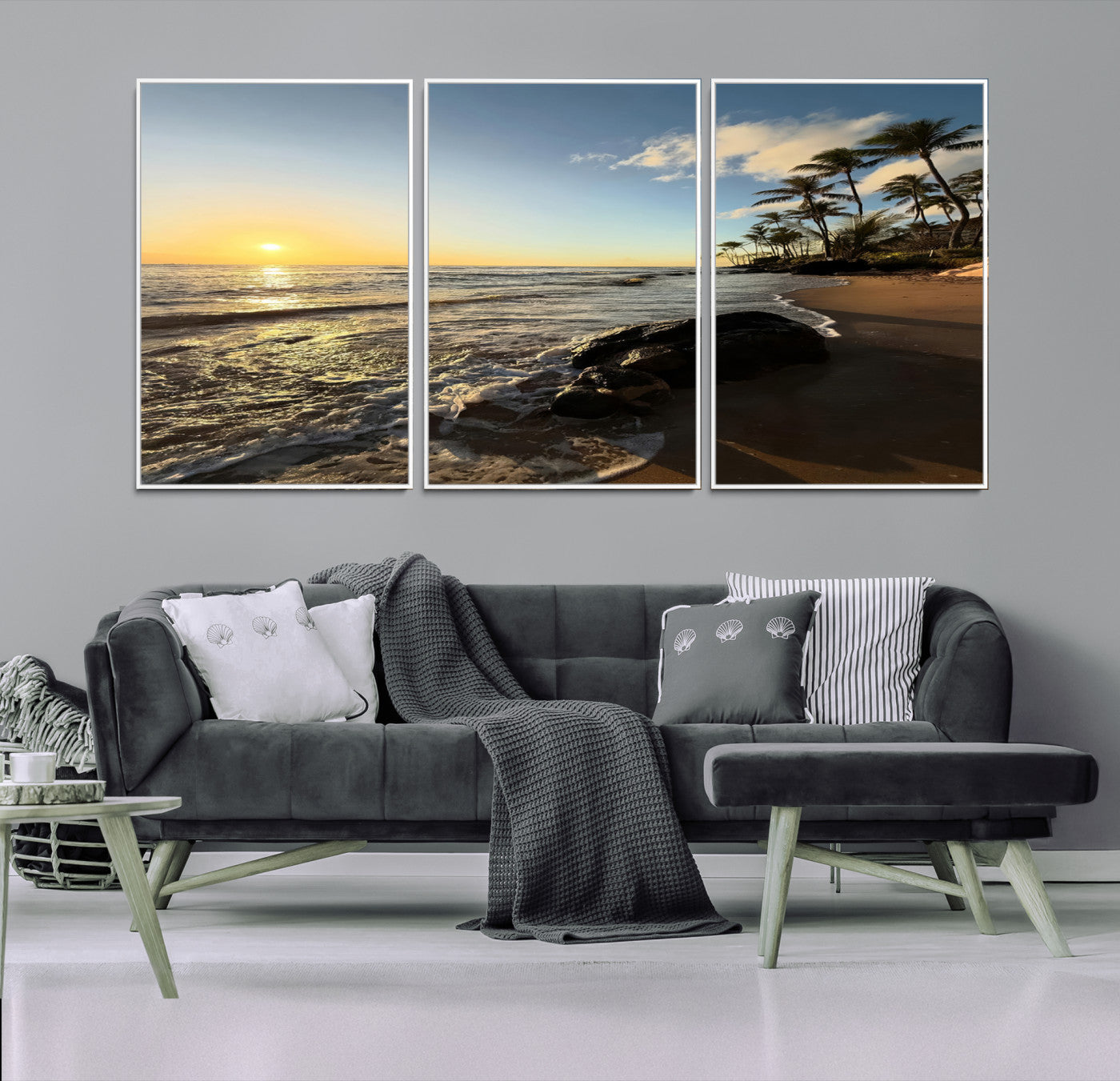 Canvas of a golden sunset on a tropical beach with palm trees and calm waves, perfect for coastal or island-themed home decor.