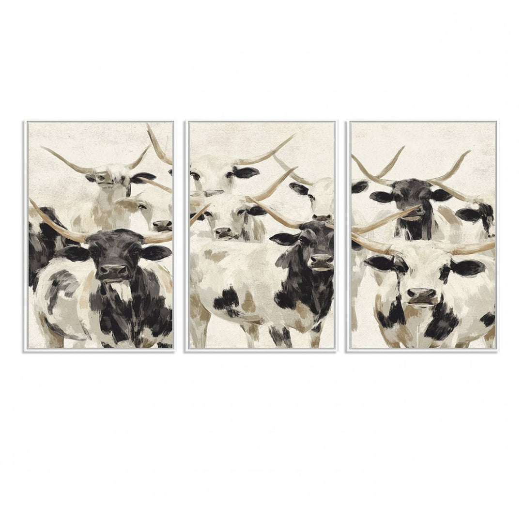 Canvas print titled Longhorn Texas Cow Drawing, depicting longhorn cattle with black and white markings, made in the USA, displayed on the wall.