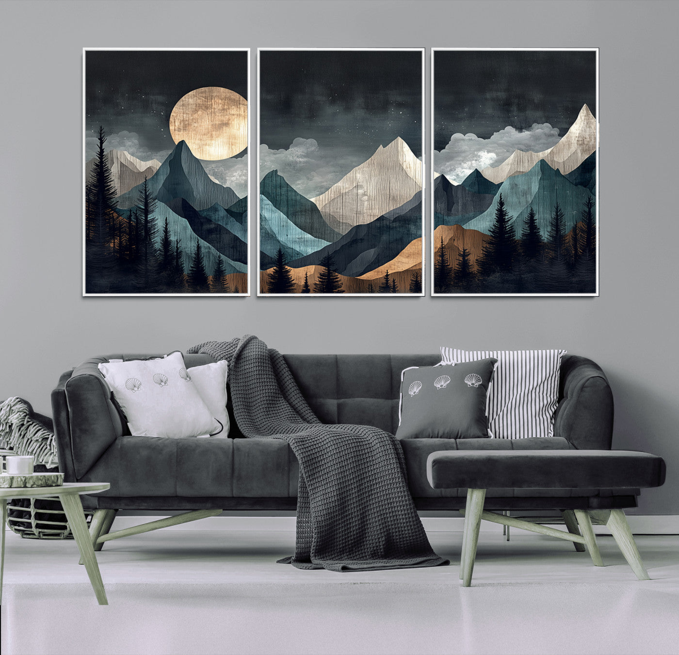 11060882-MGV-CV-36X24-Moonlit Mountain Wall Art Canvas Print – Silhouetted Pines Layered Peaks Tranquil Sky Mist Silver Light Nature Artwork for Home