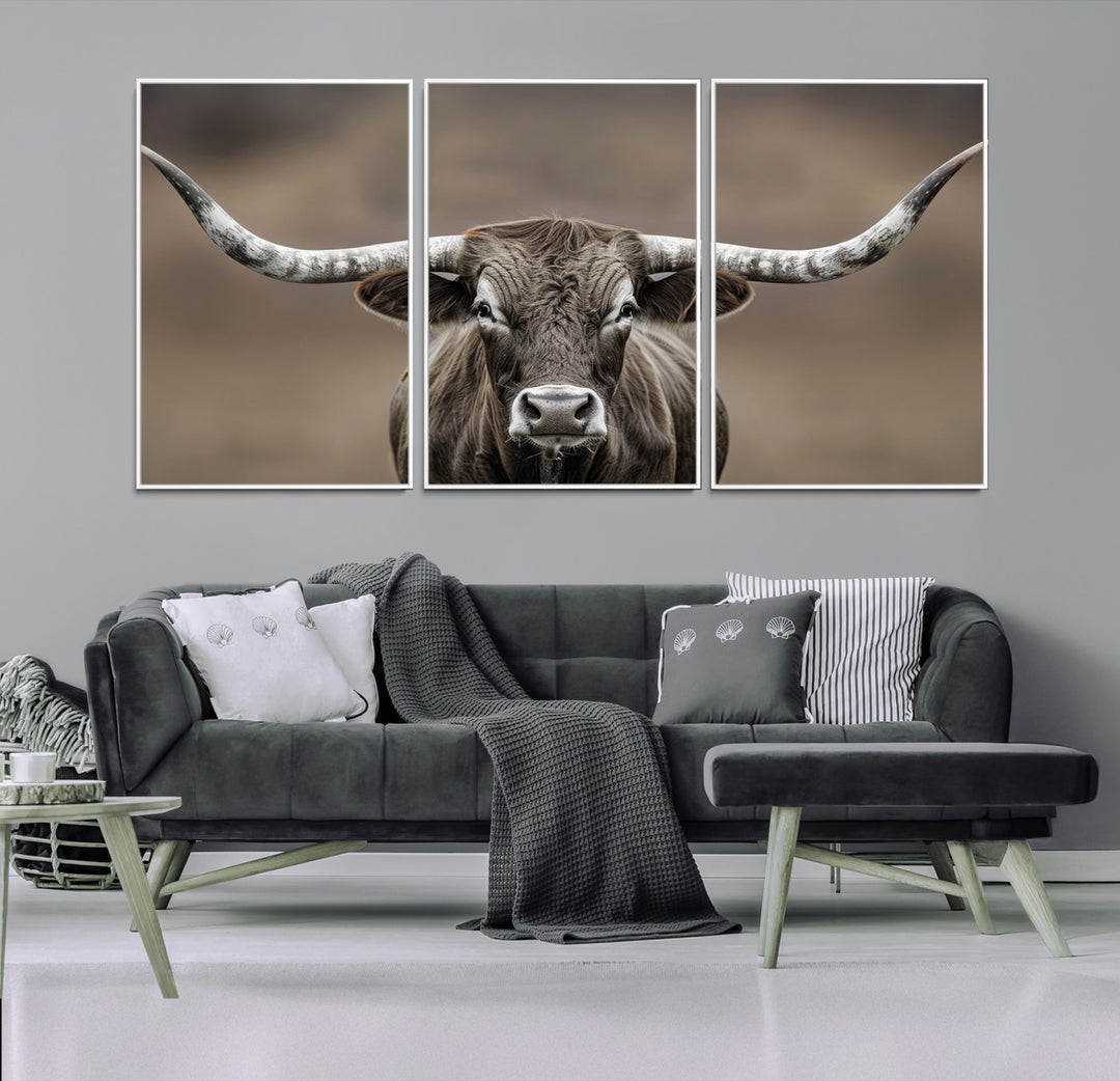 The Framed Texas Longhorn Bull Art Canvas Print adds timeless elegance to the serene setting.