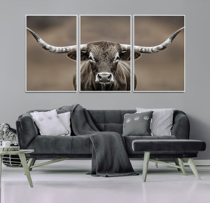 The Framed Texas Longhorn Bull Art Canvas Print adds timeless elegance to the serene setting.