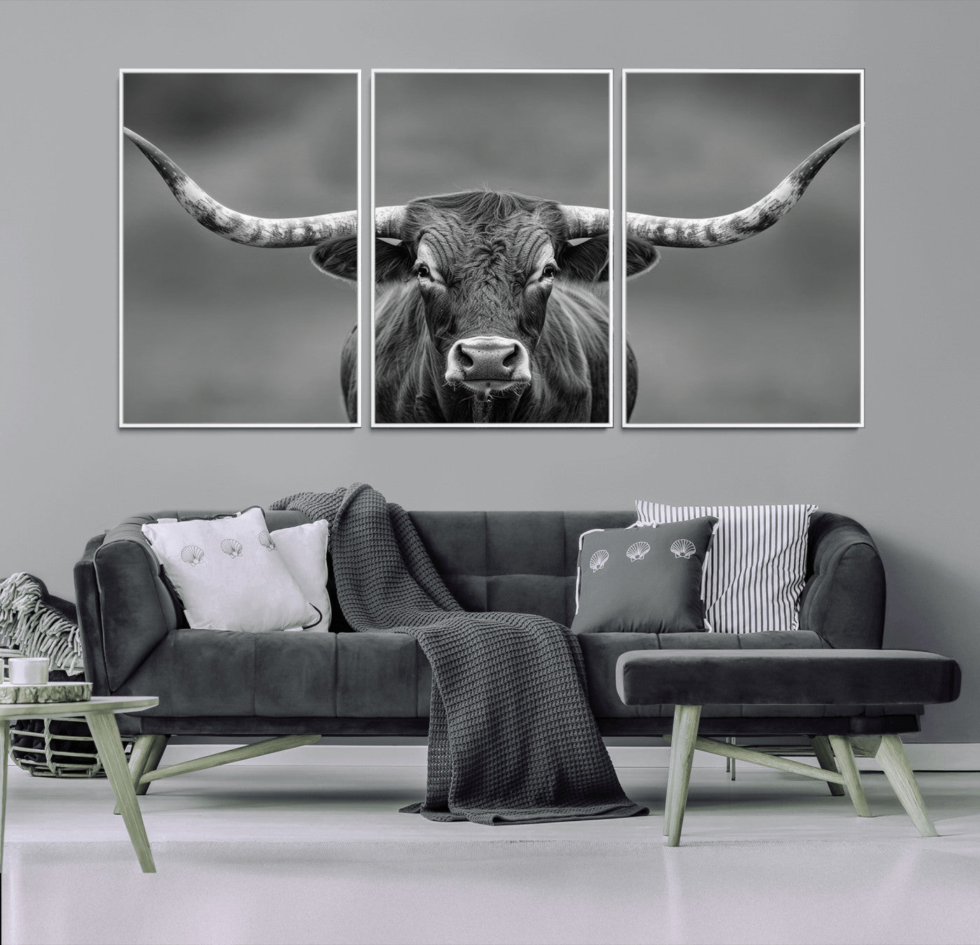 81228550-MGV-FC-60X30-3P_White-Texas Longhorn Wall Art Canvas Print – Framed Western Bull Ranch Photography Rustic Country Farm Decor Artwork for home, office