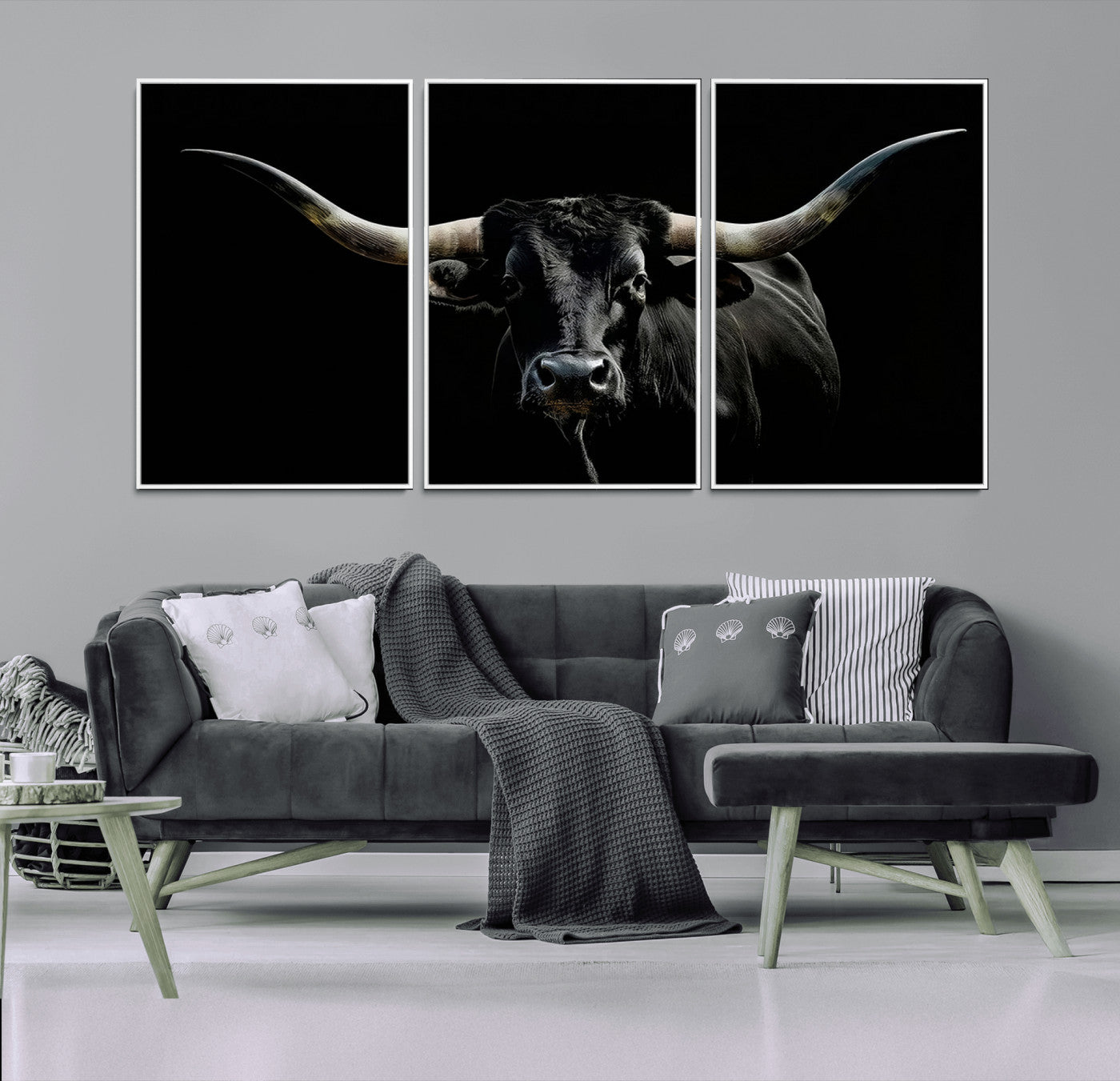 MGV-FC-60X30-3P - Texas Black Bull Wall Art Print, Longhorn Bull Canvas Wall Art