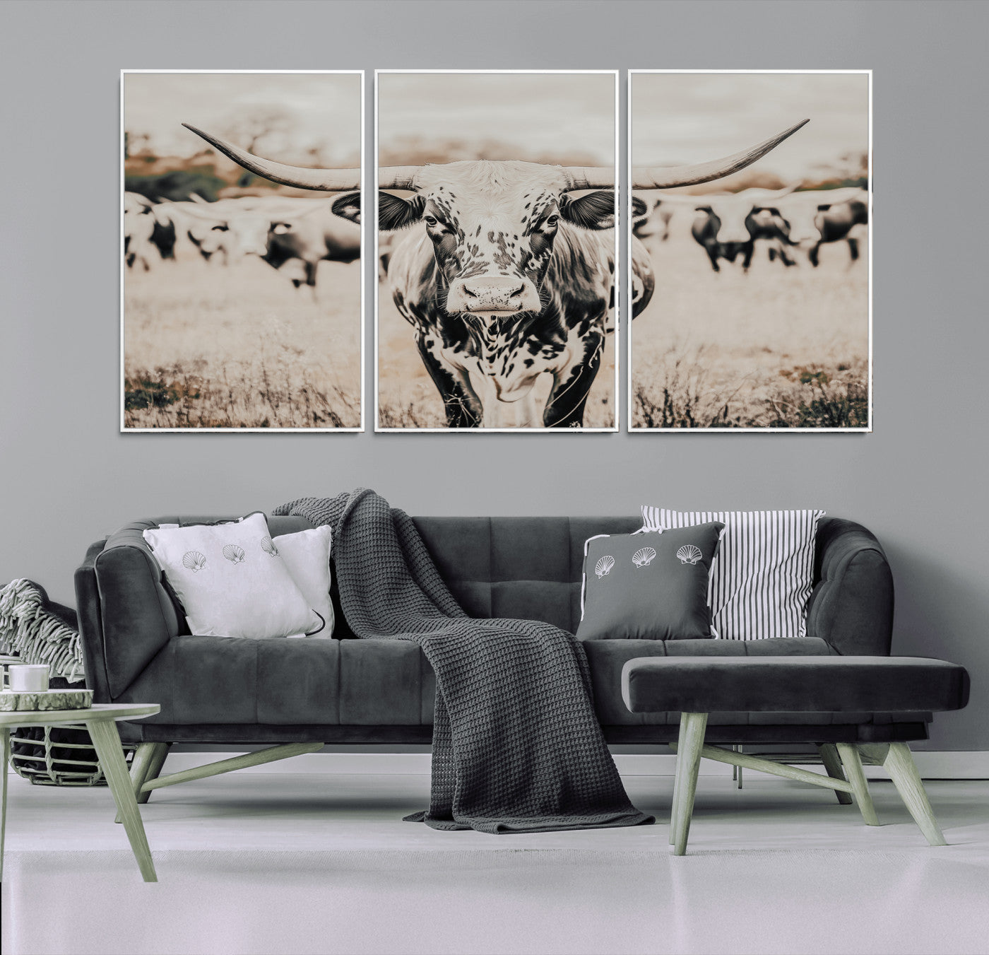 MGV-FC-60X30-3P - Texas Longhorn Wall Art Canvas Print, Framed Speckled Cow Art Picture Print, Horned Cattle Perfect Rustic Western Decor Artwork
