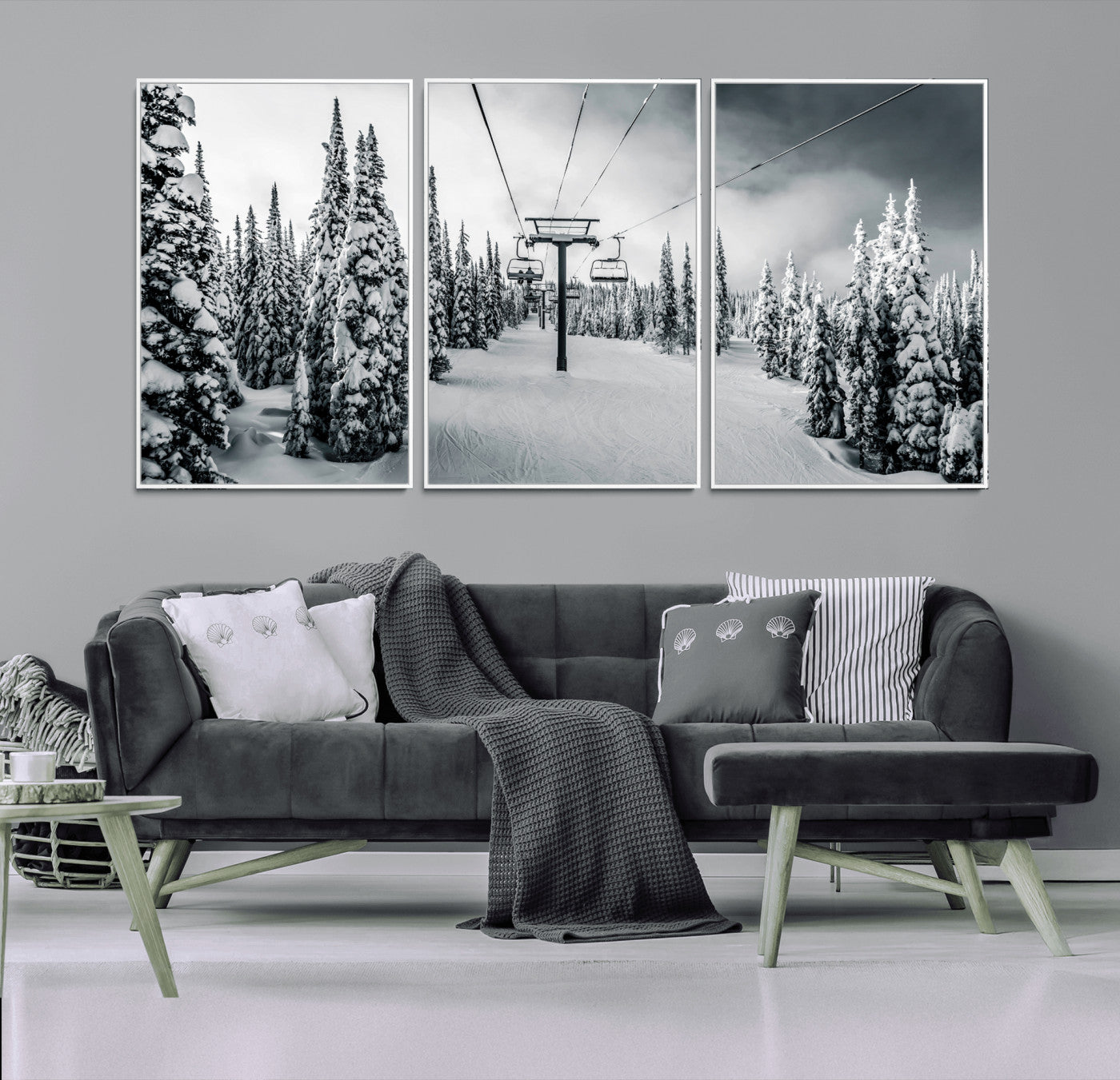31156828-MGV-CV-36X24-Snowy Pines Wall Art Canvas Print – Framed Ski Lift Winter Forest Snowy Landscape Moody Lodge Artwork for Home, Office