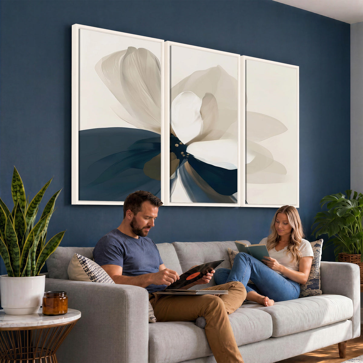 42188901-MGV-CV-24X16 - Minimal Flower Wall Art Canvas Print | Framed Beige and Navy Bloom