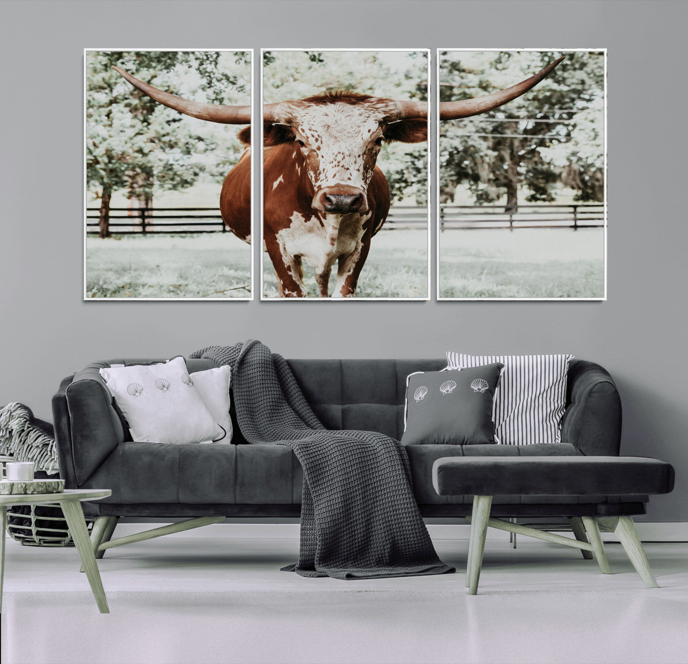 MGV-FC-60X30-3P - Texas Longhorn Wall Art Canvas Print, Framed Spotted Cow Art Picture Print, Horned Cattle Perfect Rustic Western Decor Artwork