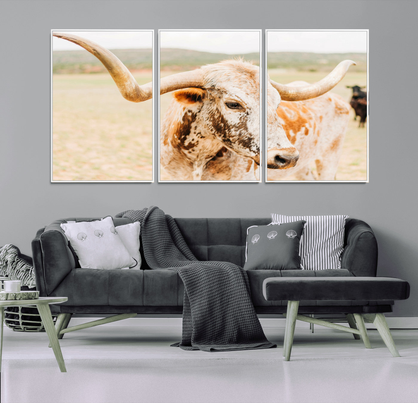 MGV-FC-60X30-3P - Texas Longhorn Wall Art Canvas Print, Framed Spotted Cow Art Picture Print, Horned Cattle Perfect Rustic Western Decor Artwork