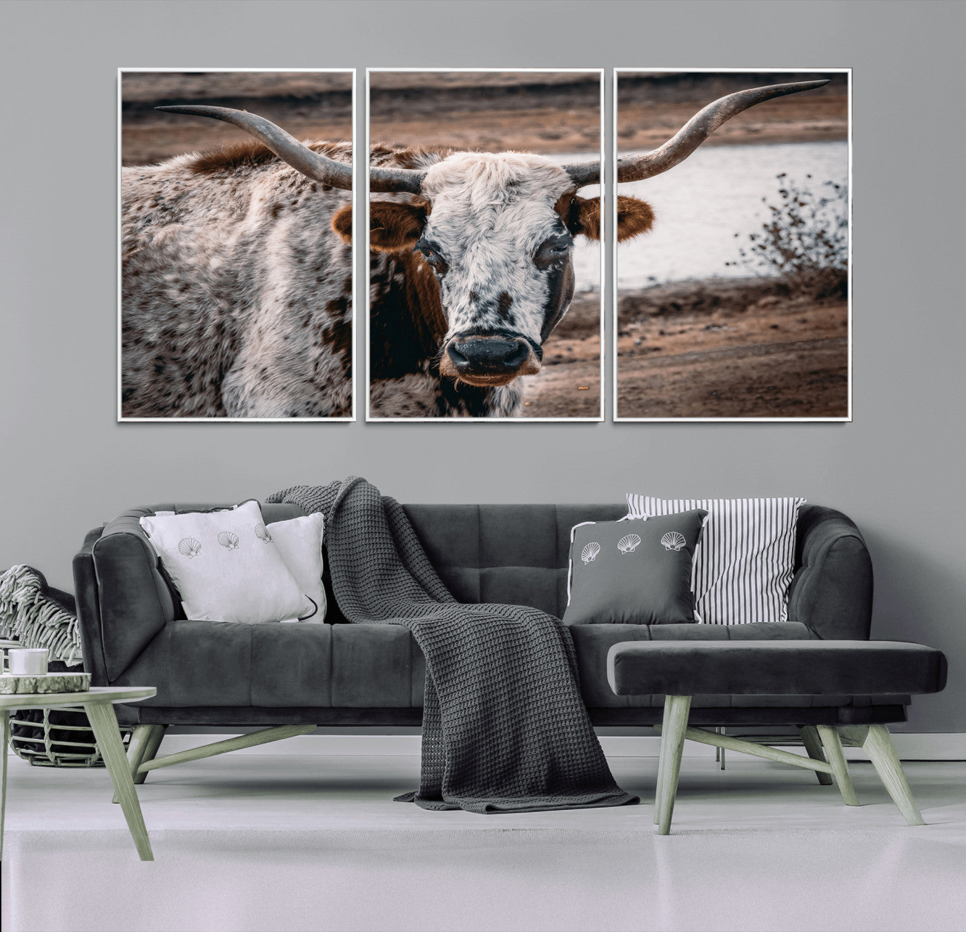 MGV-FC-60X30-3P - Texas Longhorn Wall Art Canvas Print, Framed Spotted Cow Art Picture Print, Horned Cattle Perfect Rustic Western Decor Artwork