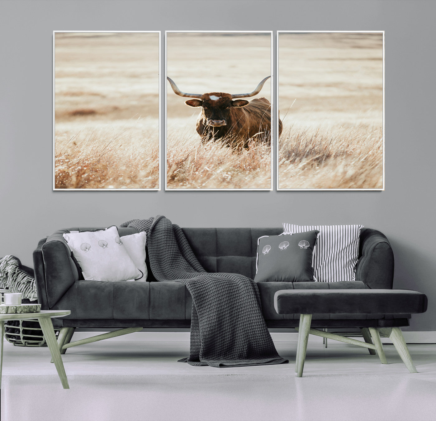 MGV-FC-60X30-3P - Texas Longhorn Wall Art Canvas Print, Framed Brown Cattle Art Picture Print, Horned Bull Perfect Rustic Western Decor Artwork