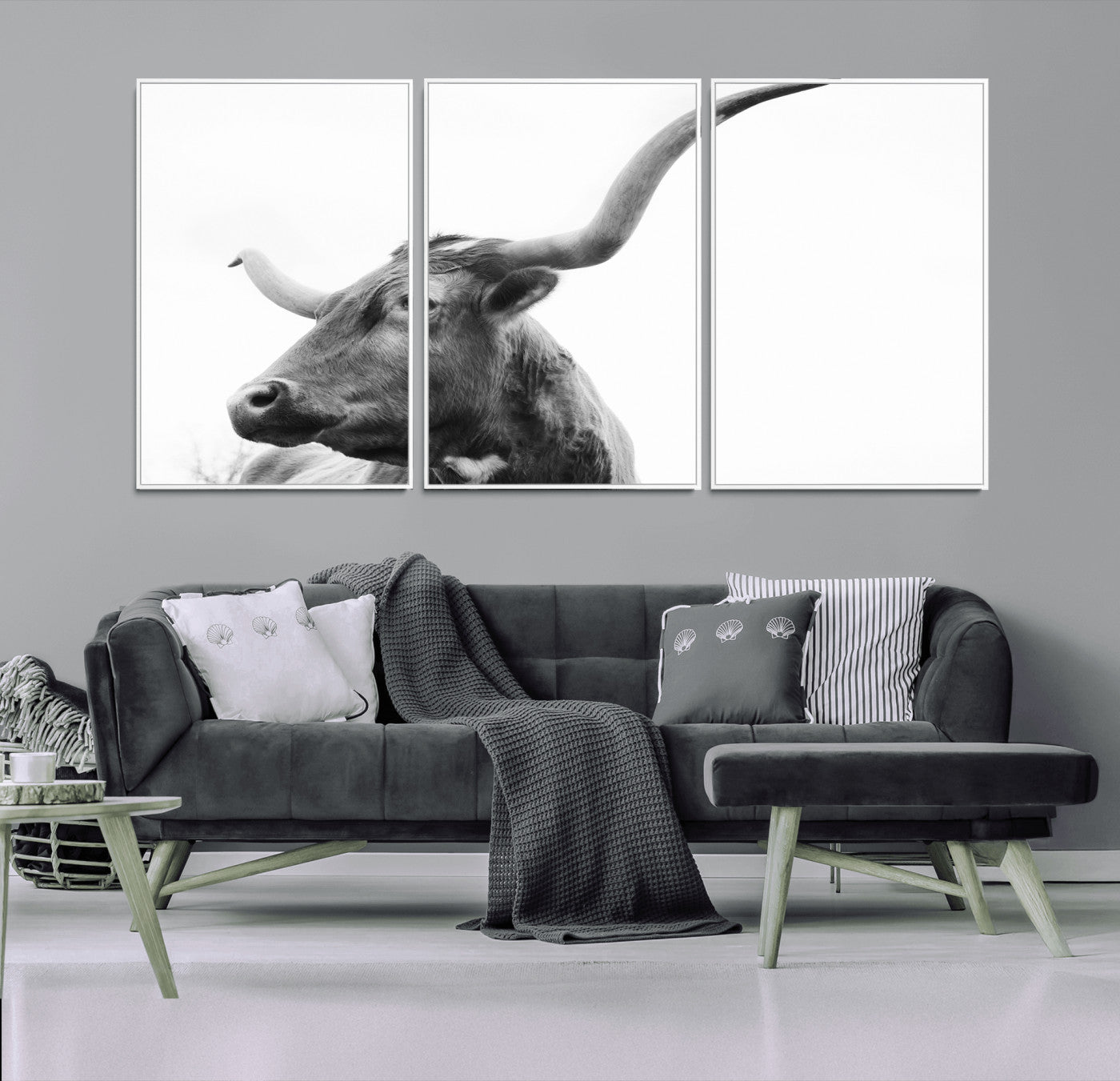 MGV-FC-60X30-3P - Longhorn Wall Art Wall Art Canvas Print, Framed Modern Ranch Style Art Art Picture Print, Monochrome Cow Print Perfect Rustic Western Decor Artwork