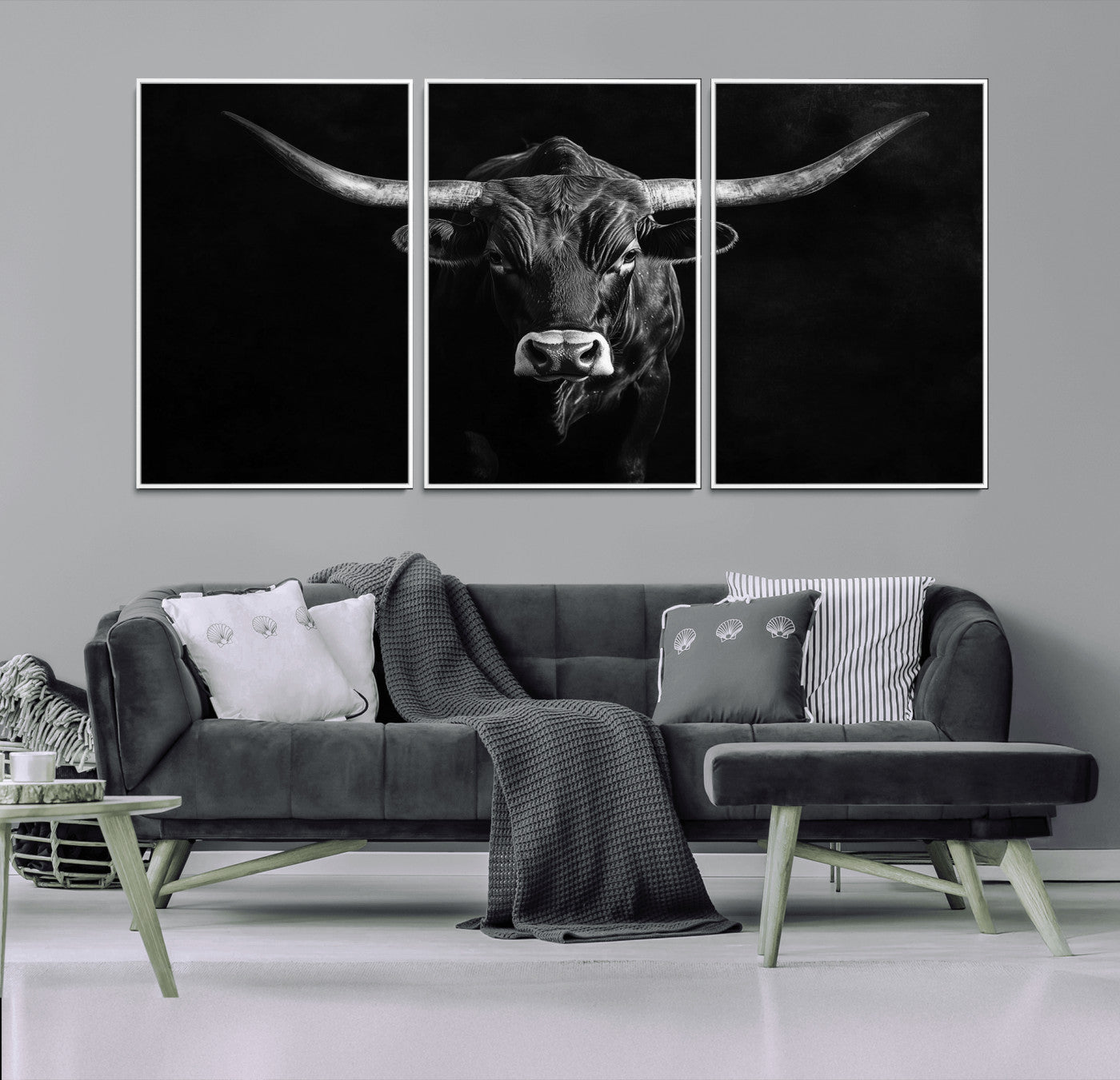 MGV-FC-60X30-3P - Texas Longhorn Wall Art Canvas Print, Framed Monochrome Bull Art Picture Print, Horned Bull Perfect Rustic Western Decor Artwork