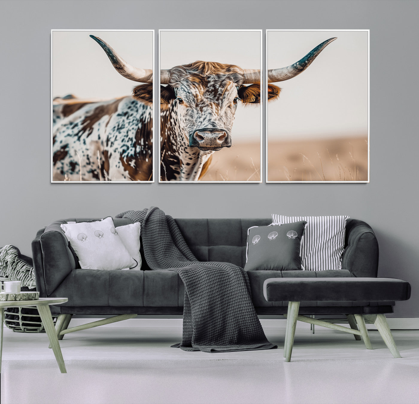 Canvas of a speckled Texas longhorn with wide curved horns and warm tones, perfect for rustic or country-style wall decor.
