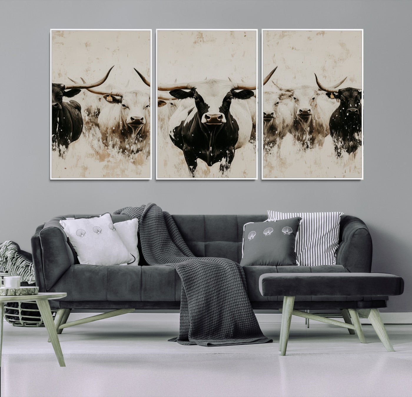 12027562-MGV-FC-60X30-3P-Longhorn Cattle Wall Art Canvas Print – Framed Bison Herd Western Ranch Countryside Animal Landscape Artwork for Home Office