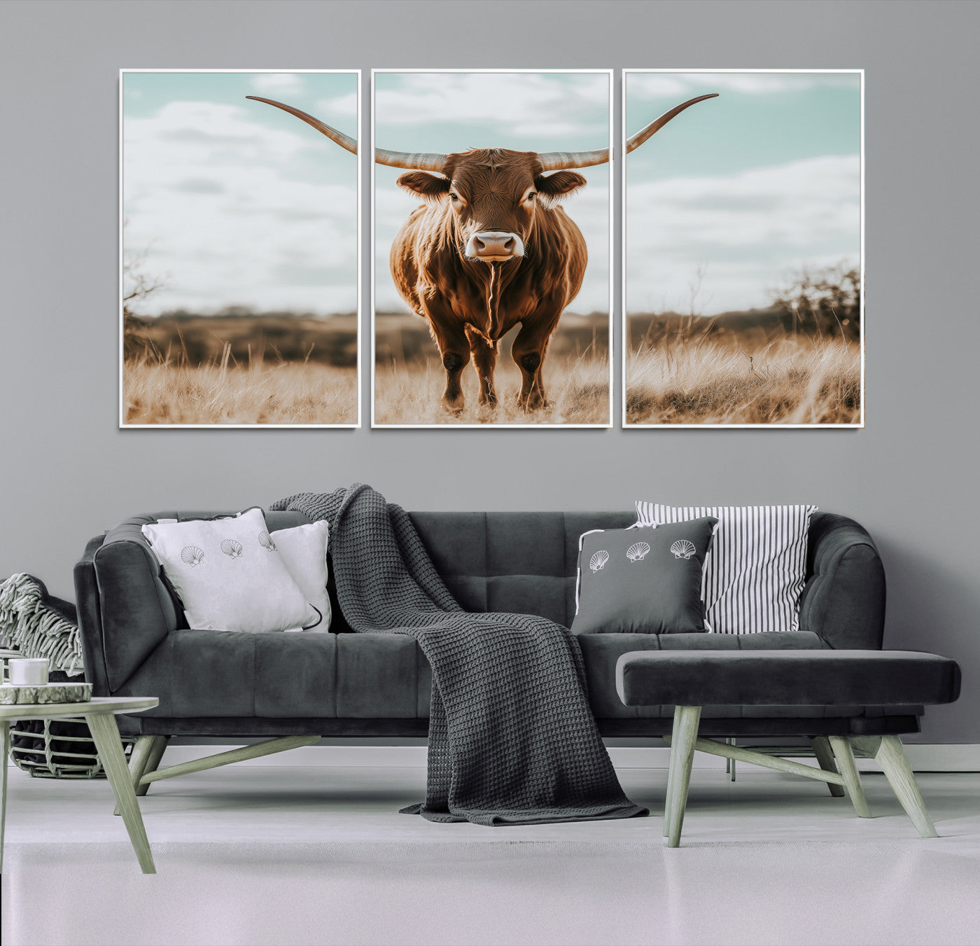 Texas Longhorn standing in a golden prairie under soft skies, ideal for rustic or western-style decor with warm natural tones.