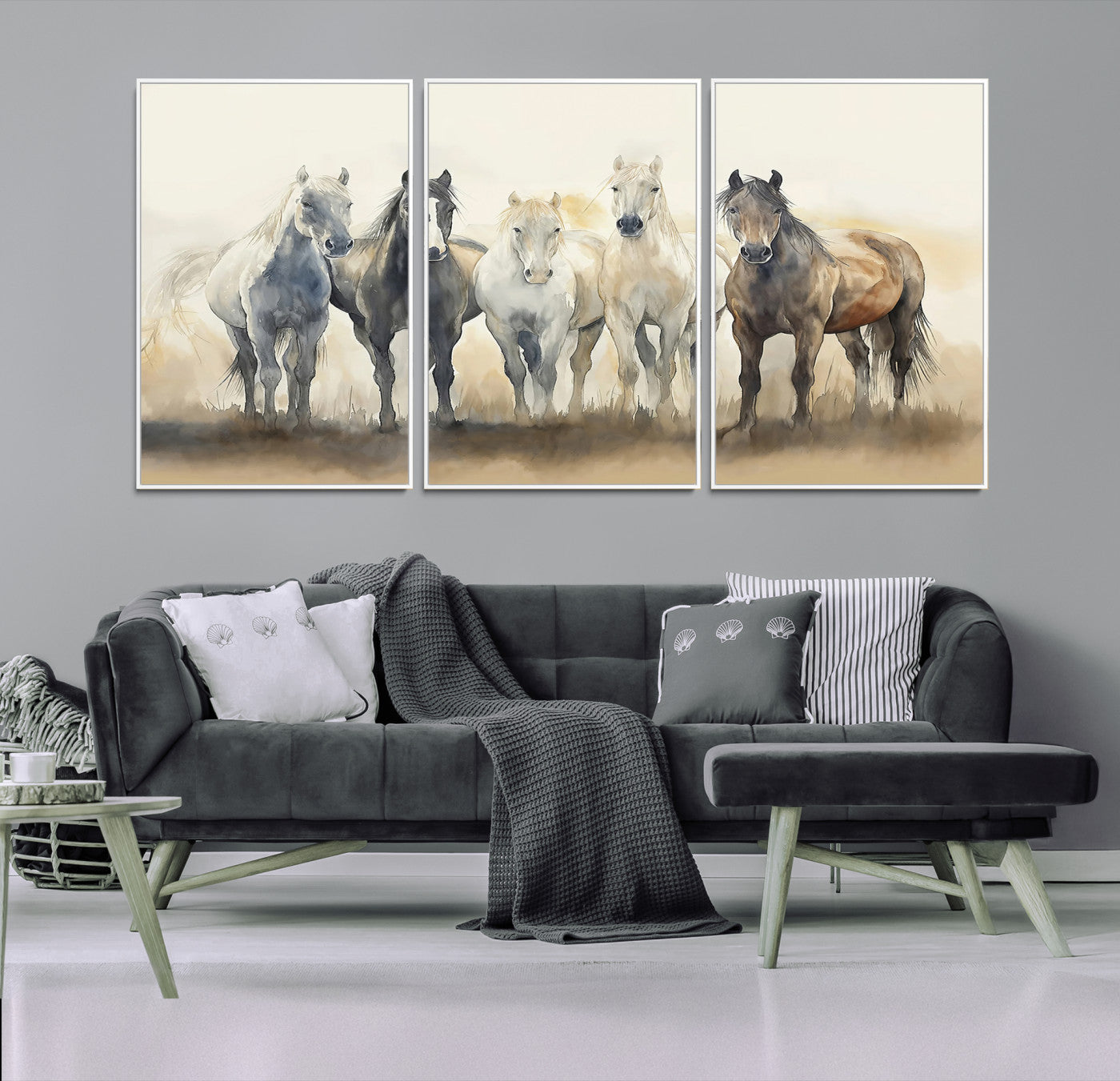 Watercolor illustration of five wild horses in soft neutral tones, perfect for rustic or western-style home decor with a calming natural vibe.