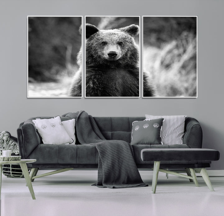 Grizzly Bear Wall Art Canvas Print, Framed Black White Bear Art Picture Print, Wild Bear Perfect Rustic Wildlife Decor